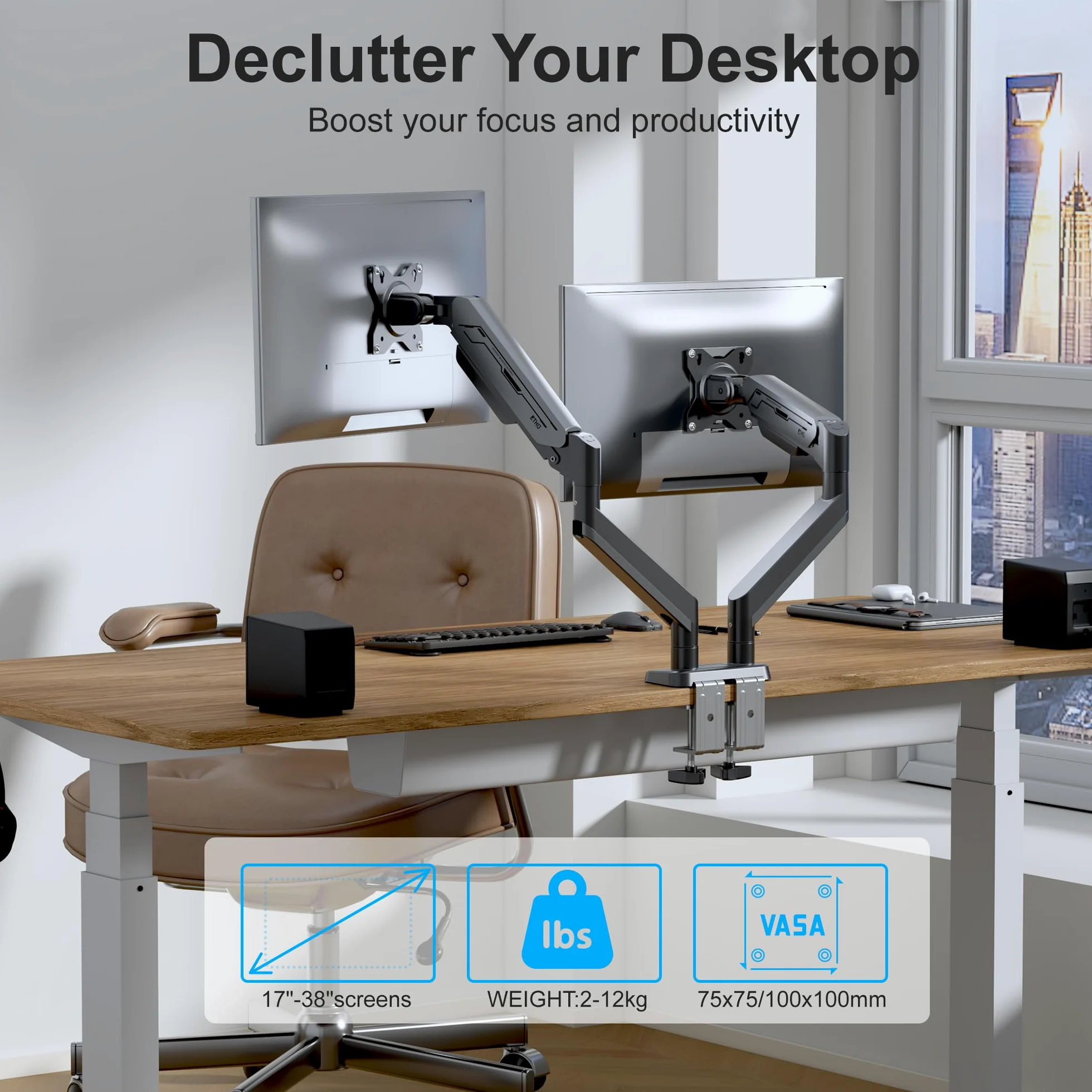 ETHU Braccio doppio per monitor con molla a gas, supporto VESA regolabile resistente per schermi da 17 a 38 pollici fino a 12 kg, supporto da scrivania ergonomico con morsetto a C e installazione con