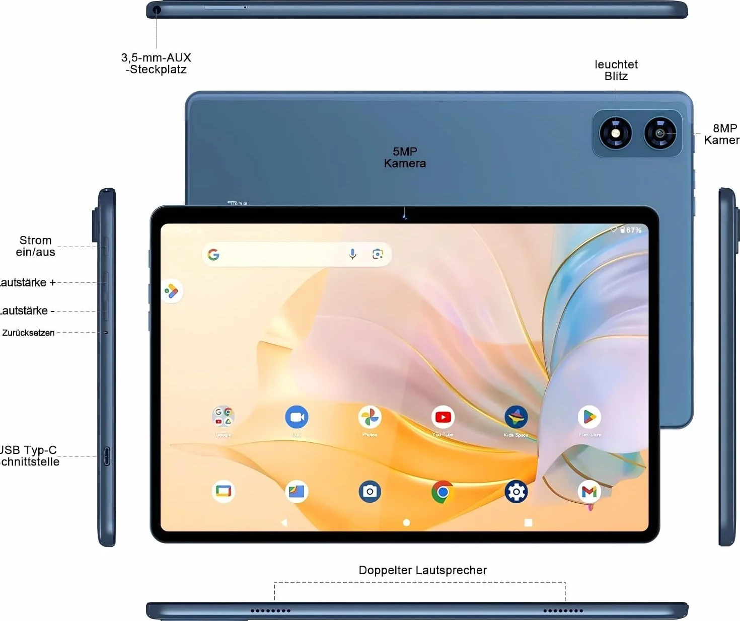 fezawio Android 14 Tablet 10 pollici 22 GB RAM + 128 GB ROM Octa-Core Tablet 5G WiFi, con tastiera mouse, 8000 mAh, (1TB TF) con collina-blu