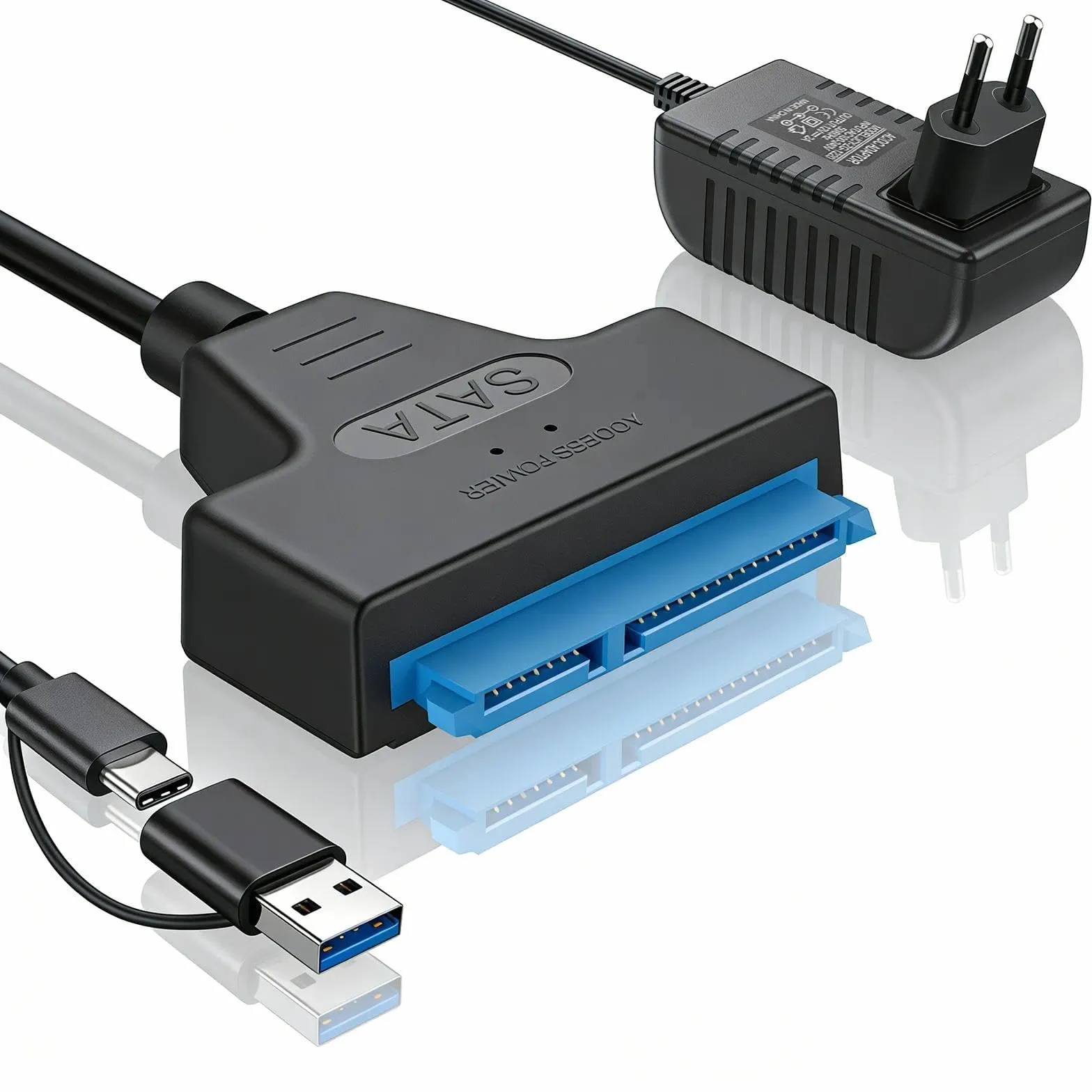 Adattatore SATA USB, Cavo 2-in-1 USB-C/USB 3.0 a SATA, per Dischi Rigidi SSD/HDD 2,5/3,5 Pollici con Alimentatore 12V 2A