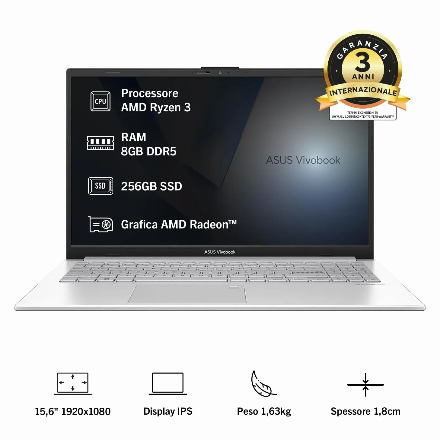 ASUS Vivobook Go 15 E1504FA, Notebook con display 15.6" IPS, Anti-glare, 60Hz, processore AMD AMD Ryzen 3 30,RAM 8GB, 256GB SSD, WIN11 Home, Argento