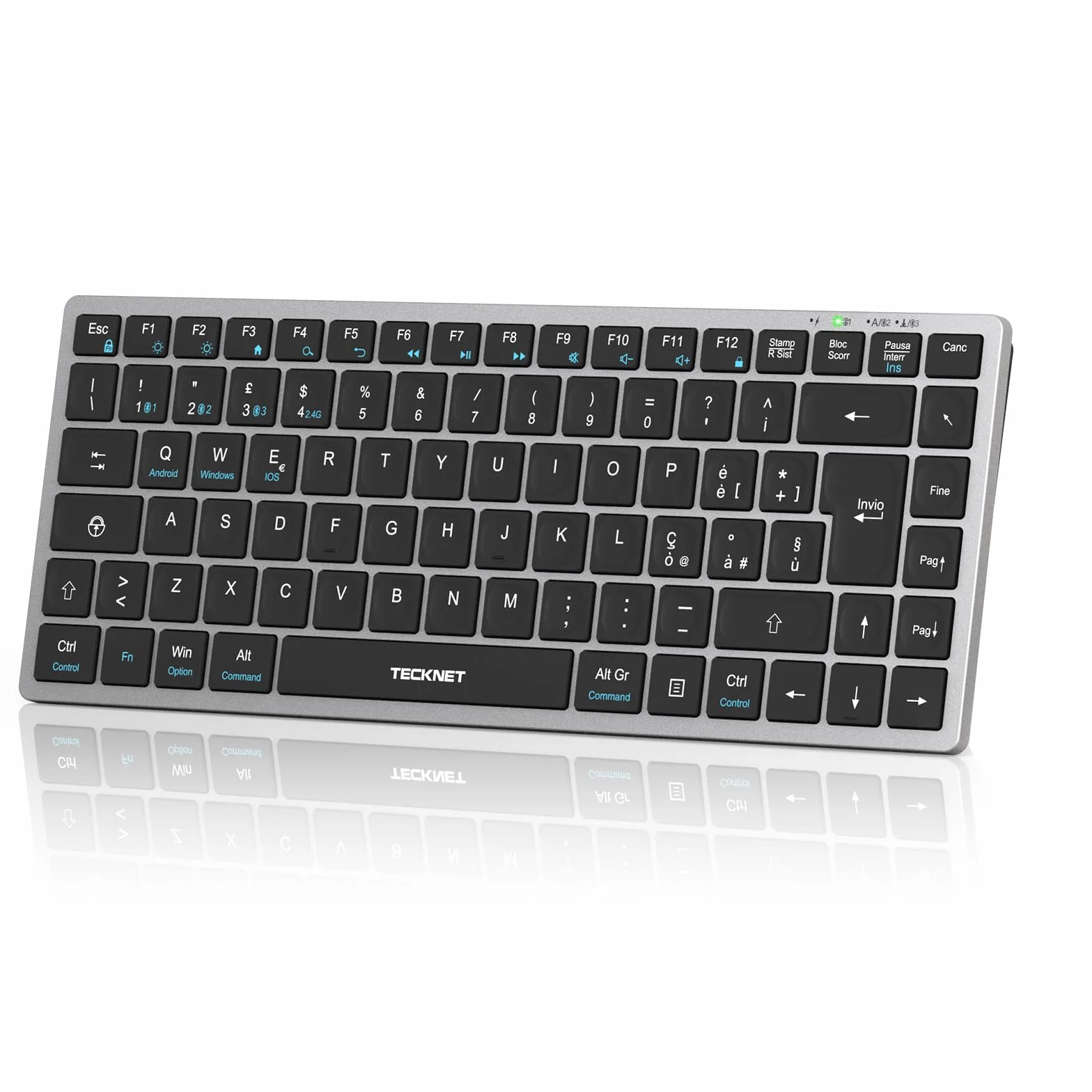 TECKNET Tastiera Bluetooth Ricaricabile, 4-Dispositivo (2.4G USB+3 BT), Mini Tastiera Wireless Italiana, Easy-Switch per Windows, MacOS, iOS, Android, Samsung Tablet, Smart TV, Italiano Layout QWERTY