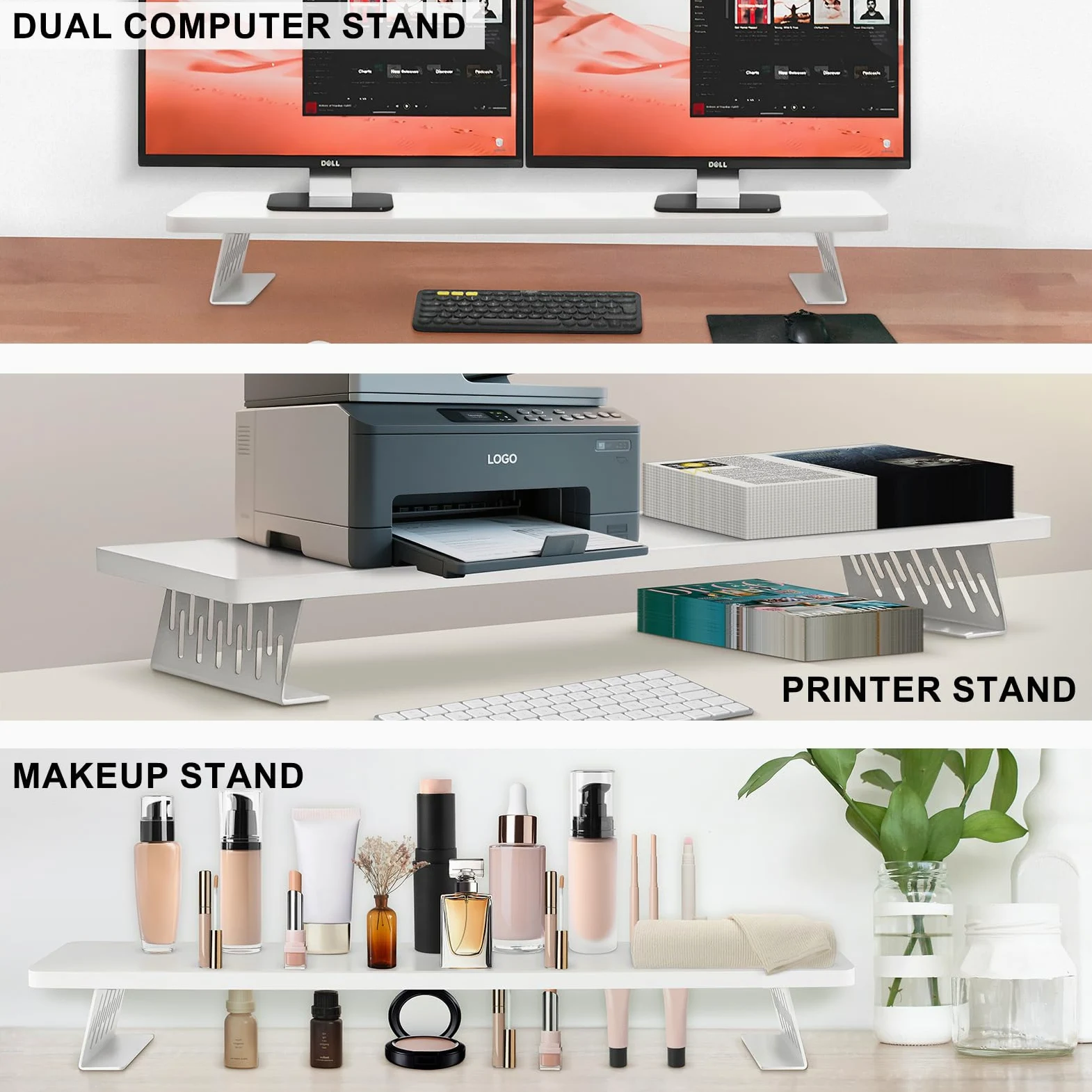 Supporto rialzato in legno per monitor 80x23,5x10 cm, supporti per monitor da scrivania, rialzo per doppio monitor e TV, robusto ripiano da scrivania per l'ufficio domestico, Bianco