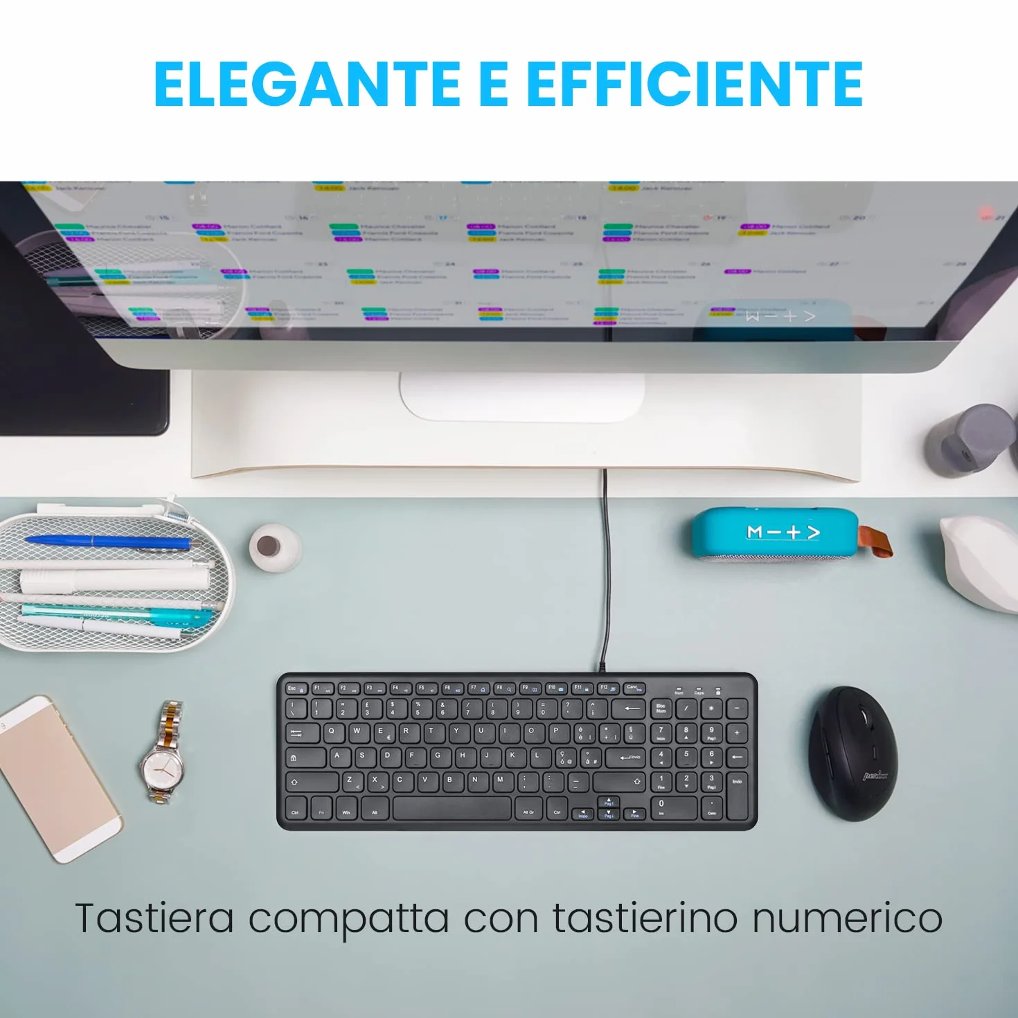 Perixx PERIBOARD-213B - Tastiera USB compatta cablata con tastierino numerico - Tasti silenziosi a basso profilo - Interruttori a forbice - Tasti multimediali - Layout italiano - Nero