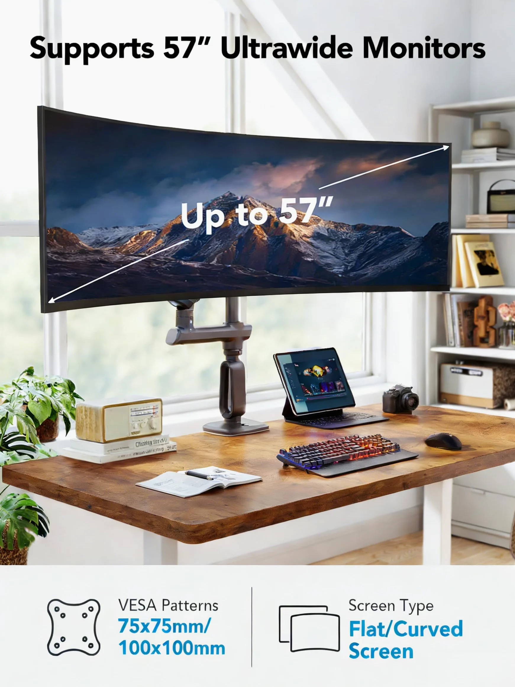 HUANUO Braccio per monitor ad alta resistenza per schermi ultrawide da 49 pollici, supporta 18 kg, supporto per monitor da gioco regolabile con altezza massima di 739 mm, VESA 75x75 100x100