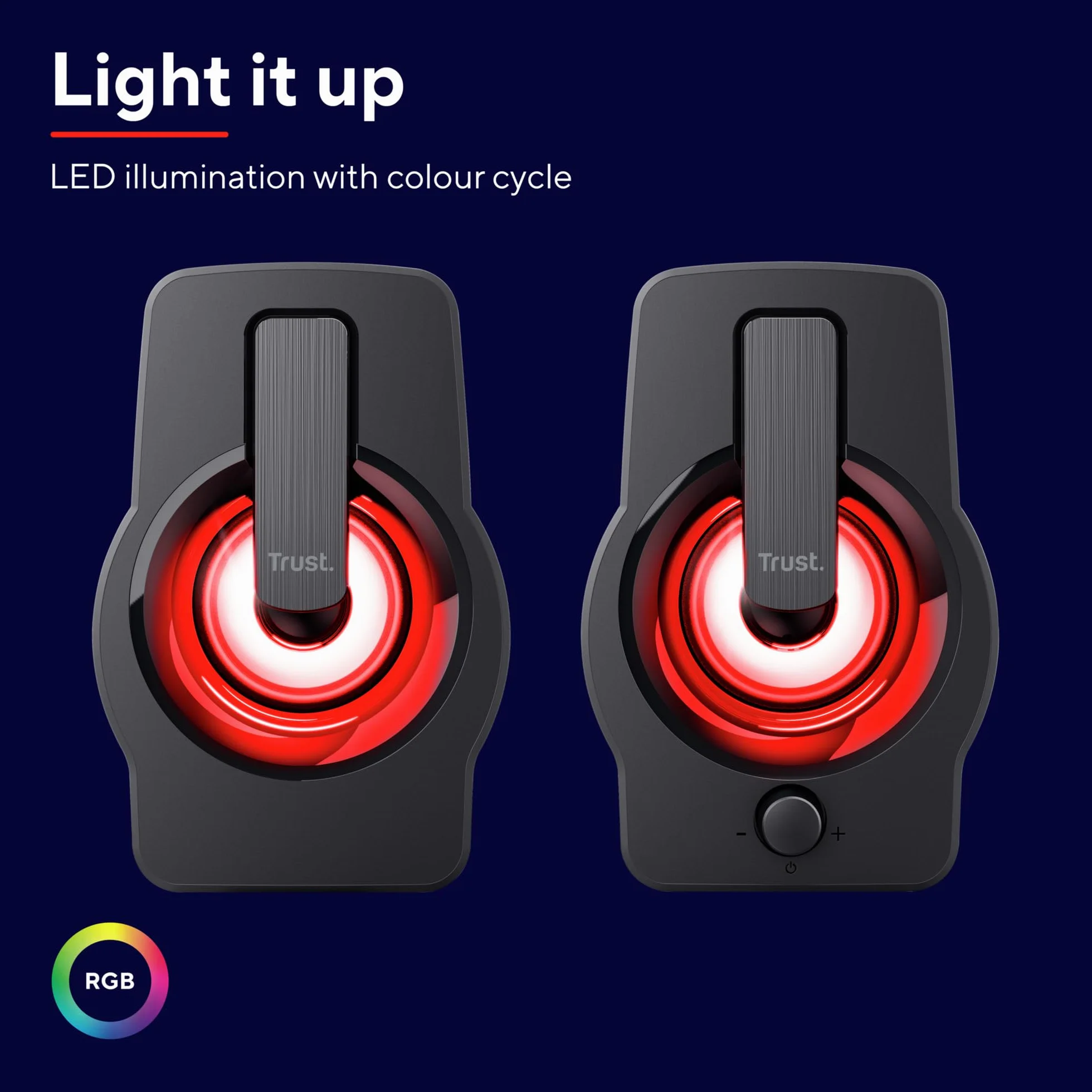 Trust Gemi Casse PC Mini LED RGB 12W (6W RMS), Altoparlanti PC Piccoli con Illuminazione LED, Alimentazione USB, Casse Audio Jack Aux 3.5mm, Compatto Set Altoparlante per Computer Laptop - Nero