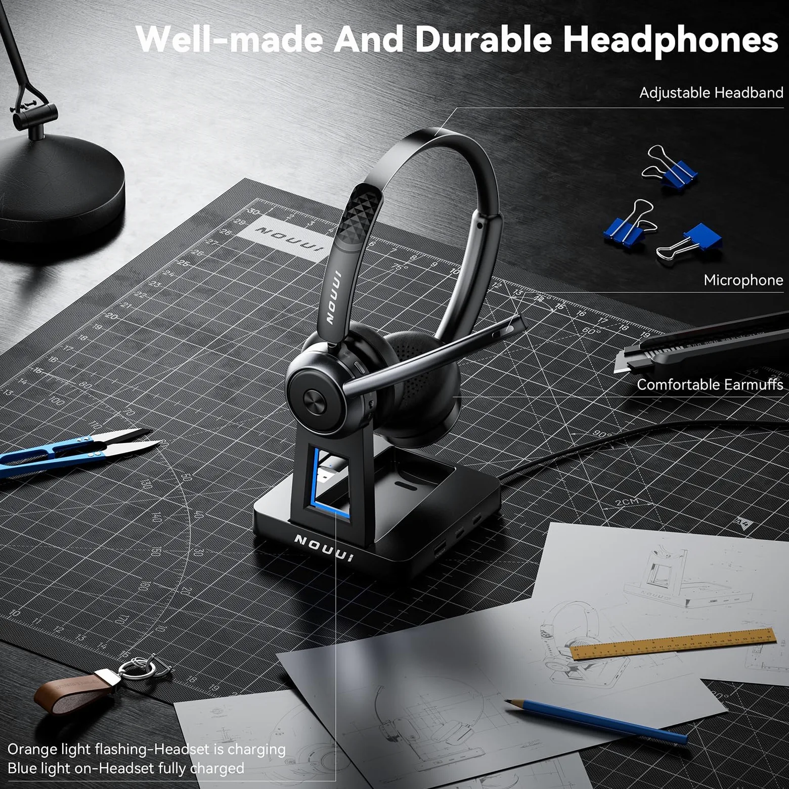 Cuffie wireless con microfono per lavoro, cuffie wireless con microfono (cancellazione del rumore e pulsante muto), batteria 65H con base di ricarica, cuffie Bluetooth con microfono per PC/Call Center