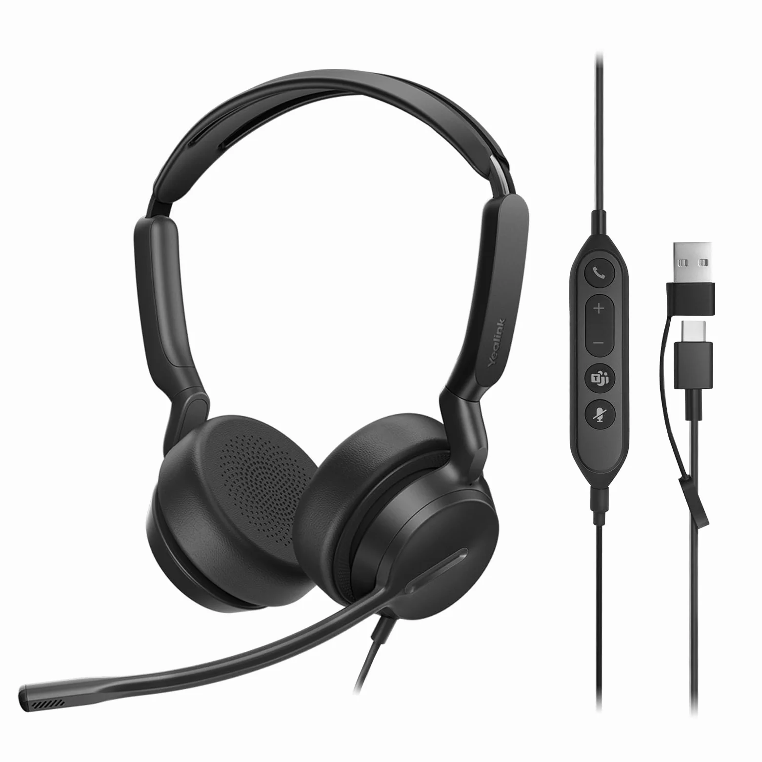 Yealink UH42 Dual Headset USB con microfono di cancellazione del rumore, cuffie stereo cablate con adattatore USB-C/A per PC, laptop, lavoro, ufficio, call center squadre certificate