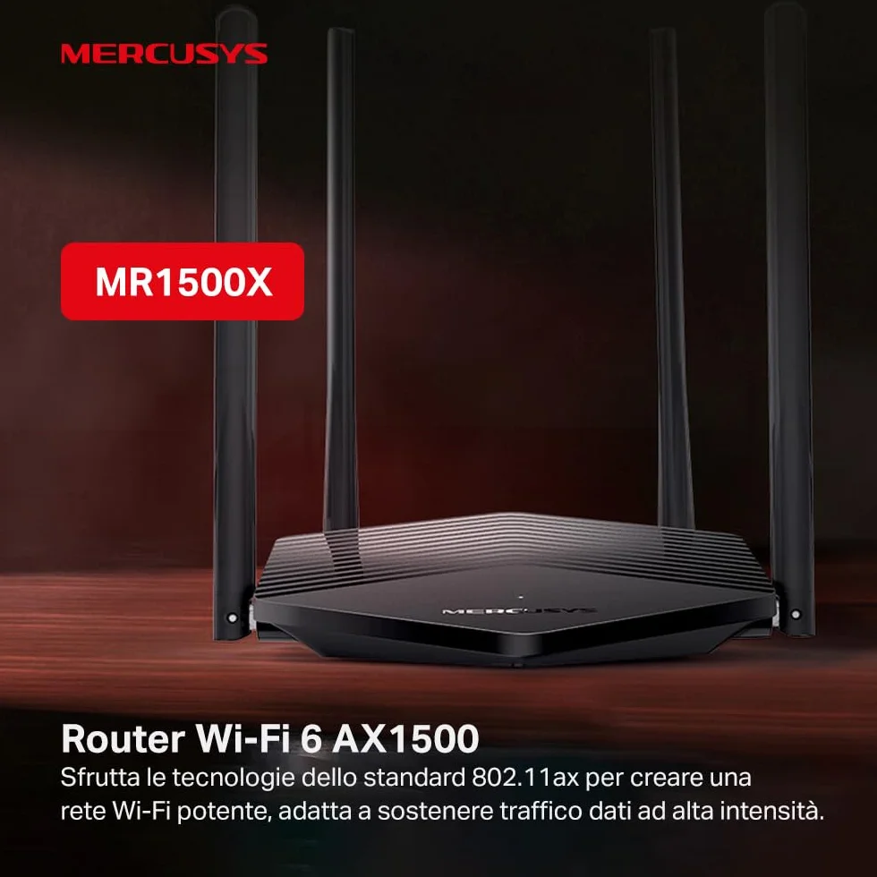 Mercusys TP-Link MR1500X AX1500 Router WiFi 6 Dual-Band, Porta Gigabit, 4 Antenne Ad Alto Guadagno, Parental Control, Rete Ospiti, OFDMA, MU-MIMO, VPN,non supporta xDSL