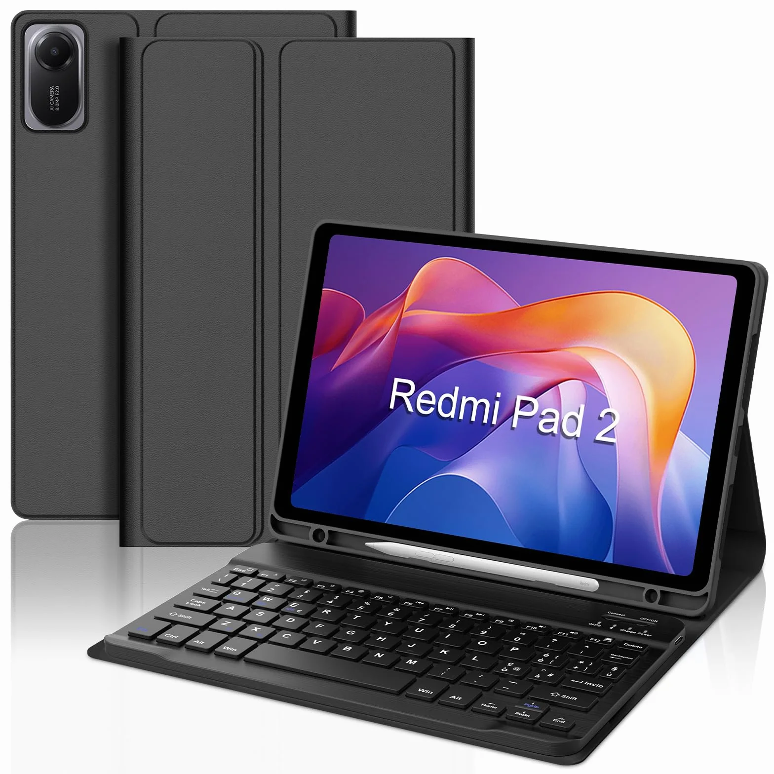 IVEOPPE Tastiera per Xiaomi Redmi Pad 2/ Remi SE 11", Cover con Tastiera Rimovibile, Keyboard Italiano QWERTY Bluetooth, Custodia con Portapenna, Nero