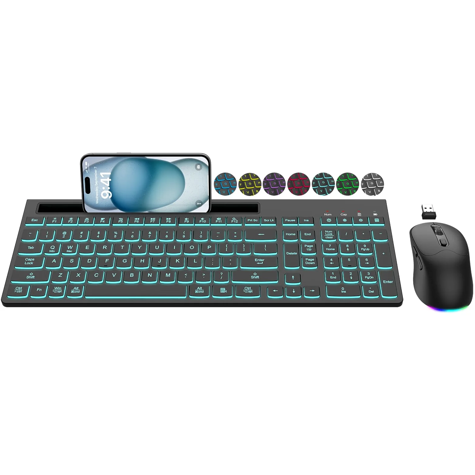 Tastiera wireless e mouse combinata, 7 effetti retroilluminati, lettere illuminate, ricaricabile, supporto per telefono, mouse a 6 pulsanti, angolo di inclinazione ergonomico, mouse USB silenzioso da
