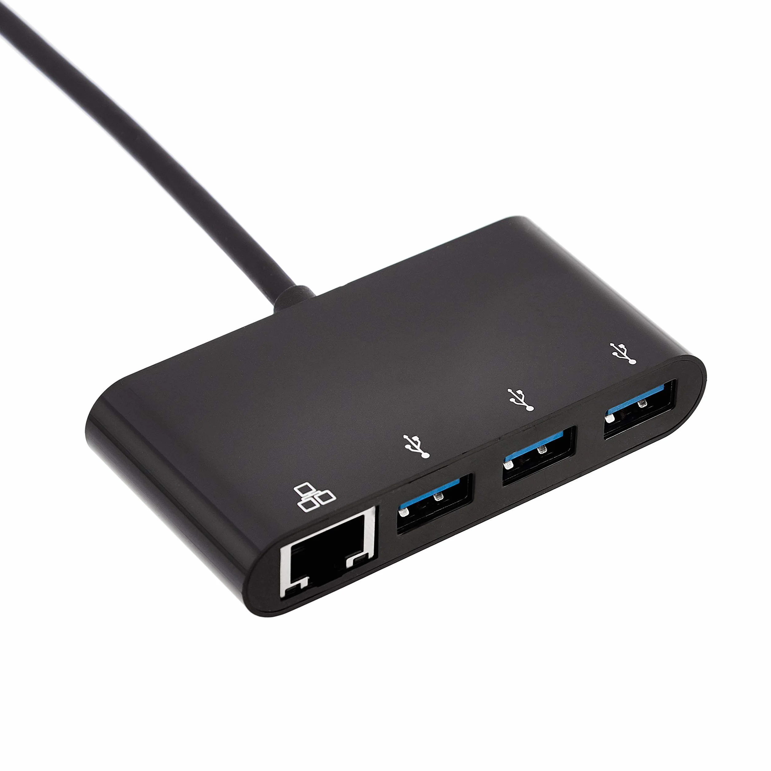 Amazon Basics Adattatore a 3 porte USB 3.0 con porta gigabit ethernet, 3 USB A + 1 RJ45, Nero