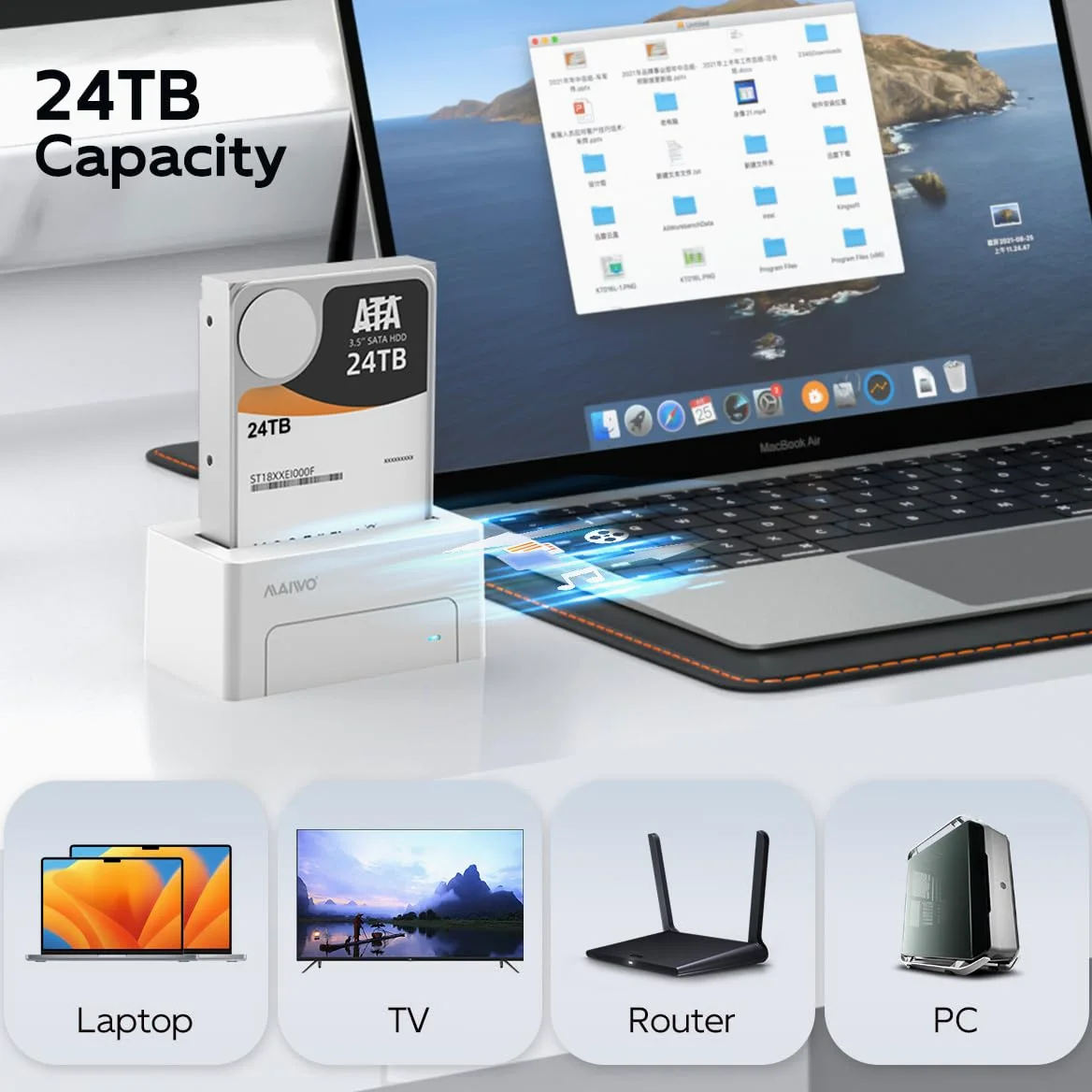 MAIWO Adattatore da SAS a USB 3.0, 2,5" SAS SATA HDD SSD, capacità 24 TB, docking station per lettore di dischi rigidi esterni con adattatore di alimentazione 12 V 2 A, senza attrezzi (bianco)