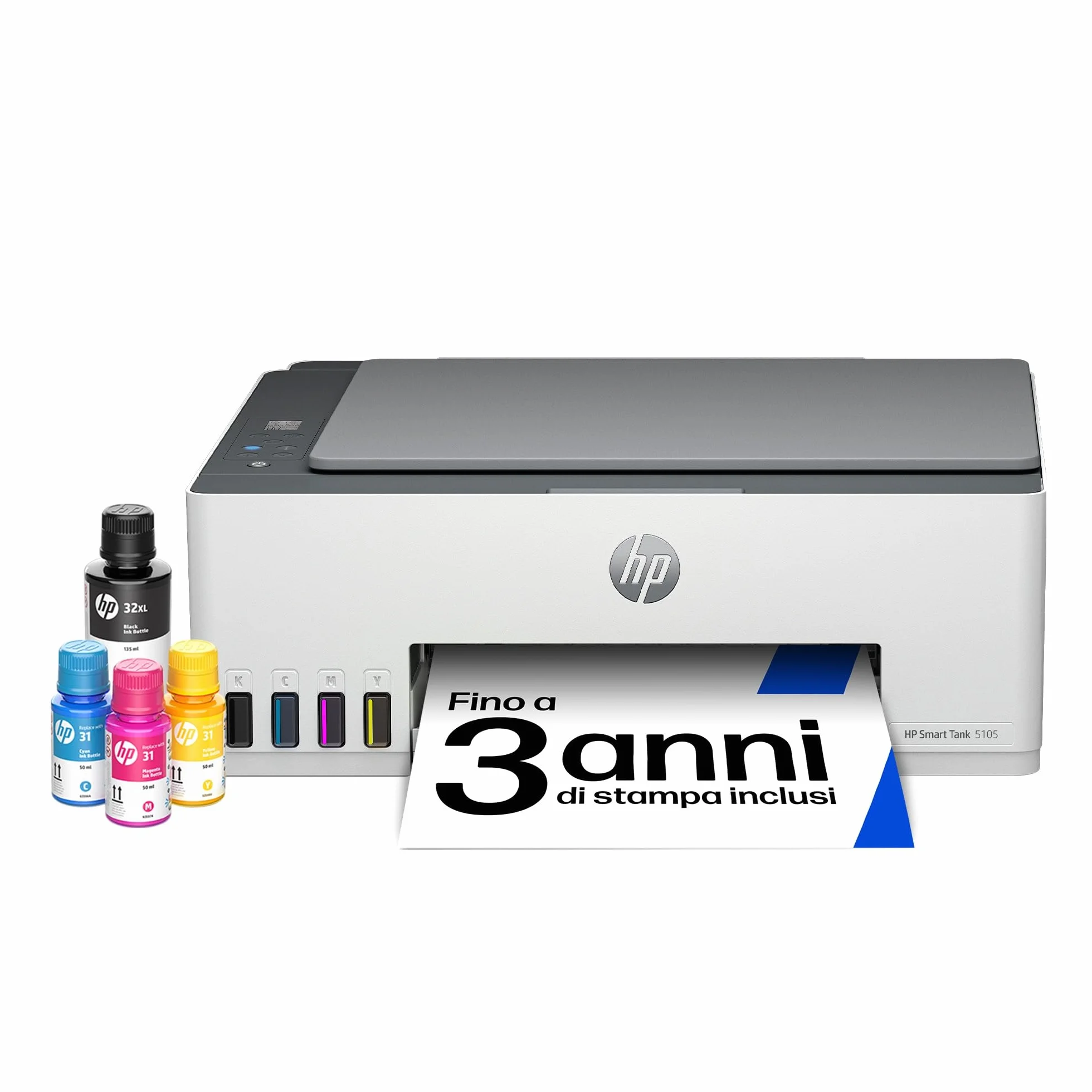 HP Smart Tank 5105 Stampante Multifunzione A4 con Serbatoio Inchiostro, Stampa Fronte/Retro Manuale, Scansione, Copia, 22 ppm, USB, Wi-Fi, Bianca