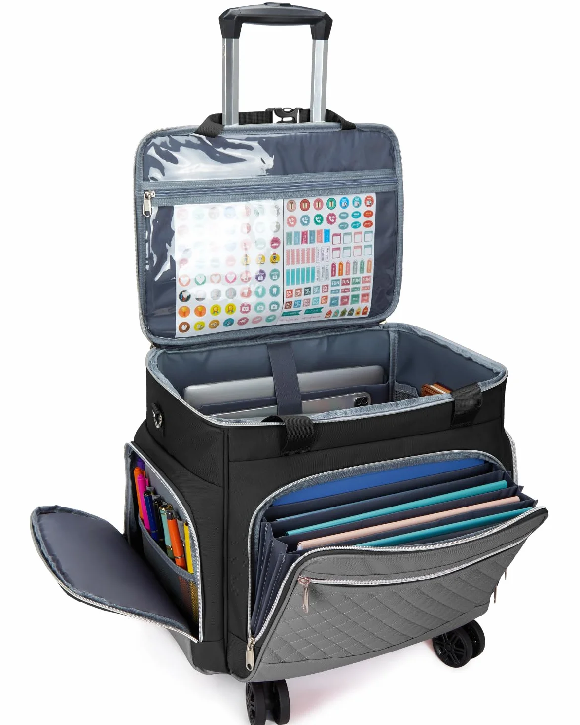 Amythe 2025 Rolling Teacher Tote Bag con organizer per fisarmonica, Nero