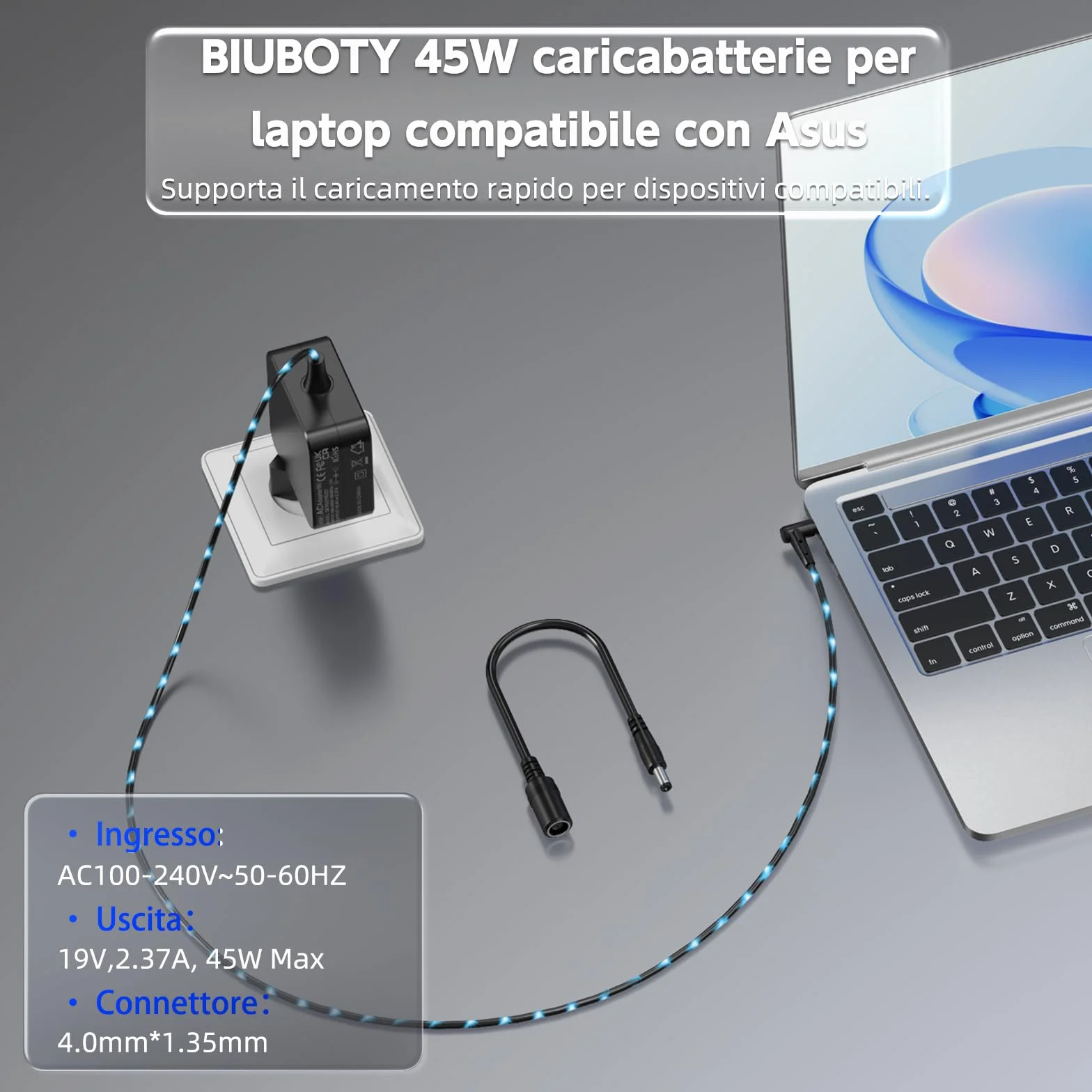 BIUBOTY Caricatore 45W Portatile 19V 2.37A Compatible con Asus Vivobook 14 15 Zenbook UX330 UX330U UX360 UX360C UX305 Q504U Q504UA Q302 Q302L Q302LA Notebook Alimentatore Caricabatteria 4.0 x 1.35mm