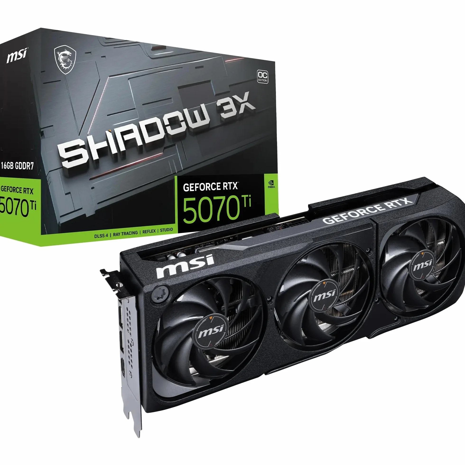 MSI GeForce RTX 5070 Ti 16G SHADOW 3X OC – 16 GB GDDR7 (28 Gbps / 256-bit) – PCIe 5.0 – Design termico a tripla ventola (3 x TORX FAN 5.0) – HDMI 2.1b / 3 x DisplayPort 2.1b