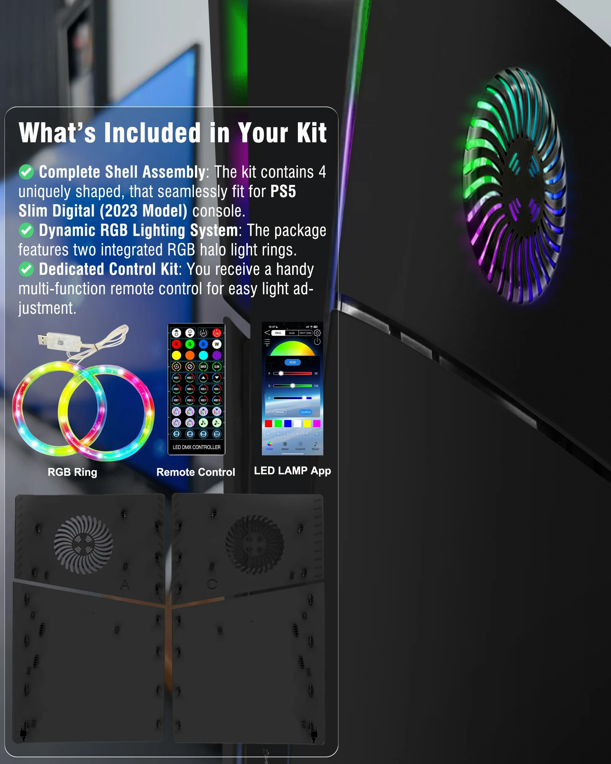 Joso Pannello frontale per PS5 Slim Digital Edition, custodia di ricambio antigraffio antipolvere con anello RGB, copertura adatta per PS5 Slim Digital Version, piastre per PS5 Slim Accessori - Nero