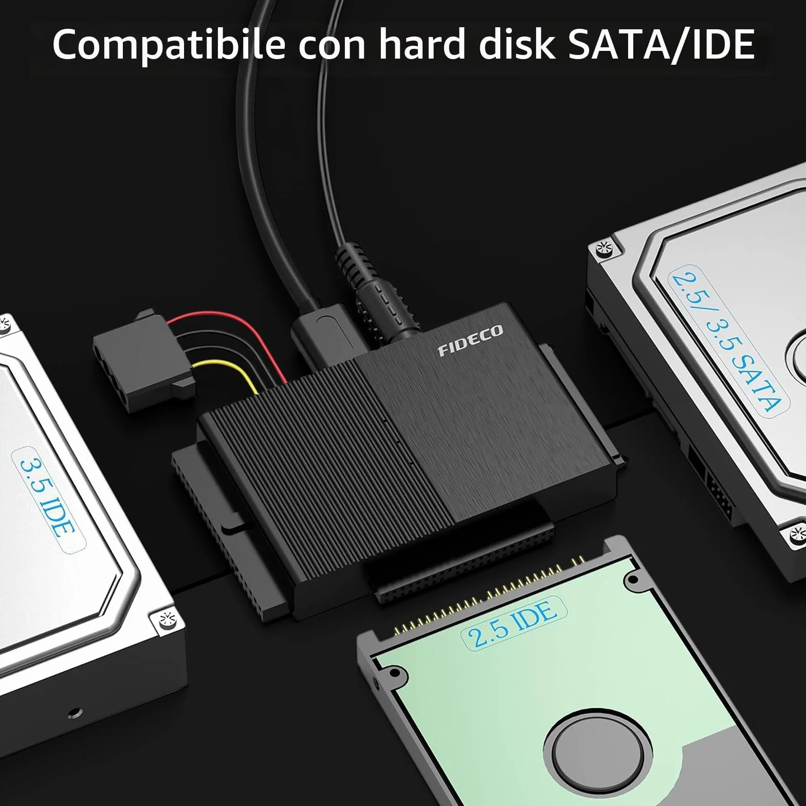 FIDECO Adattatore Disco Rigido USB 3.0 per 2.5"/ 3.5" HDD/SSD, convertitore SATA e IDE con alimentazione DC 12V 2A