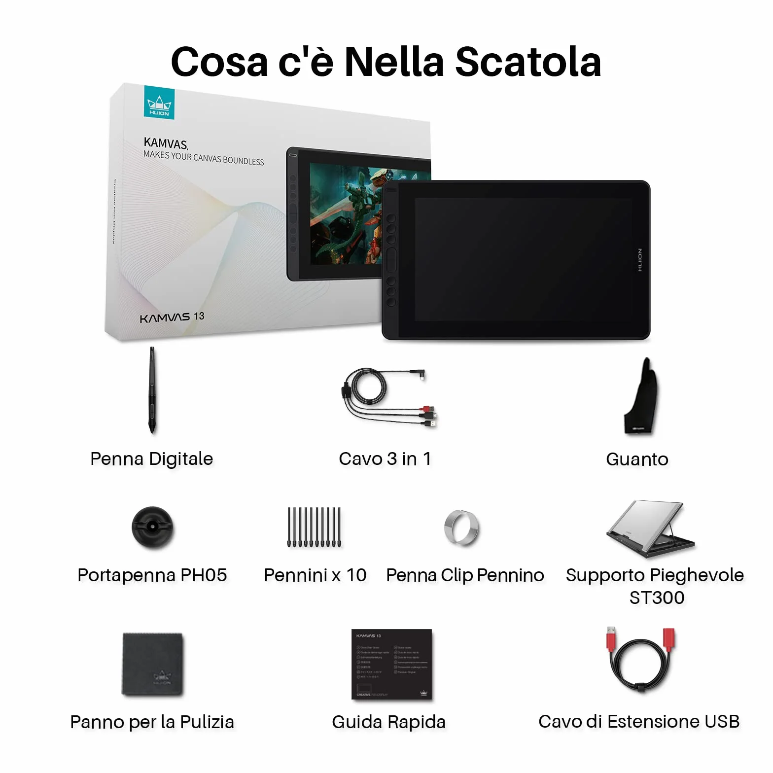 HUION Kamvas 13 Tavoletta Grafica con Schermo Compatibile con Android, Funzione di Inclinazione di ±60° Stilo Senza Batteria, 8 Tasti di Scelta Rapida, Supporto Regolabile - 13,3 Pollici (Nero)