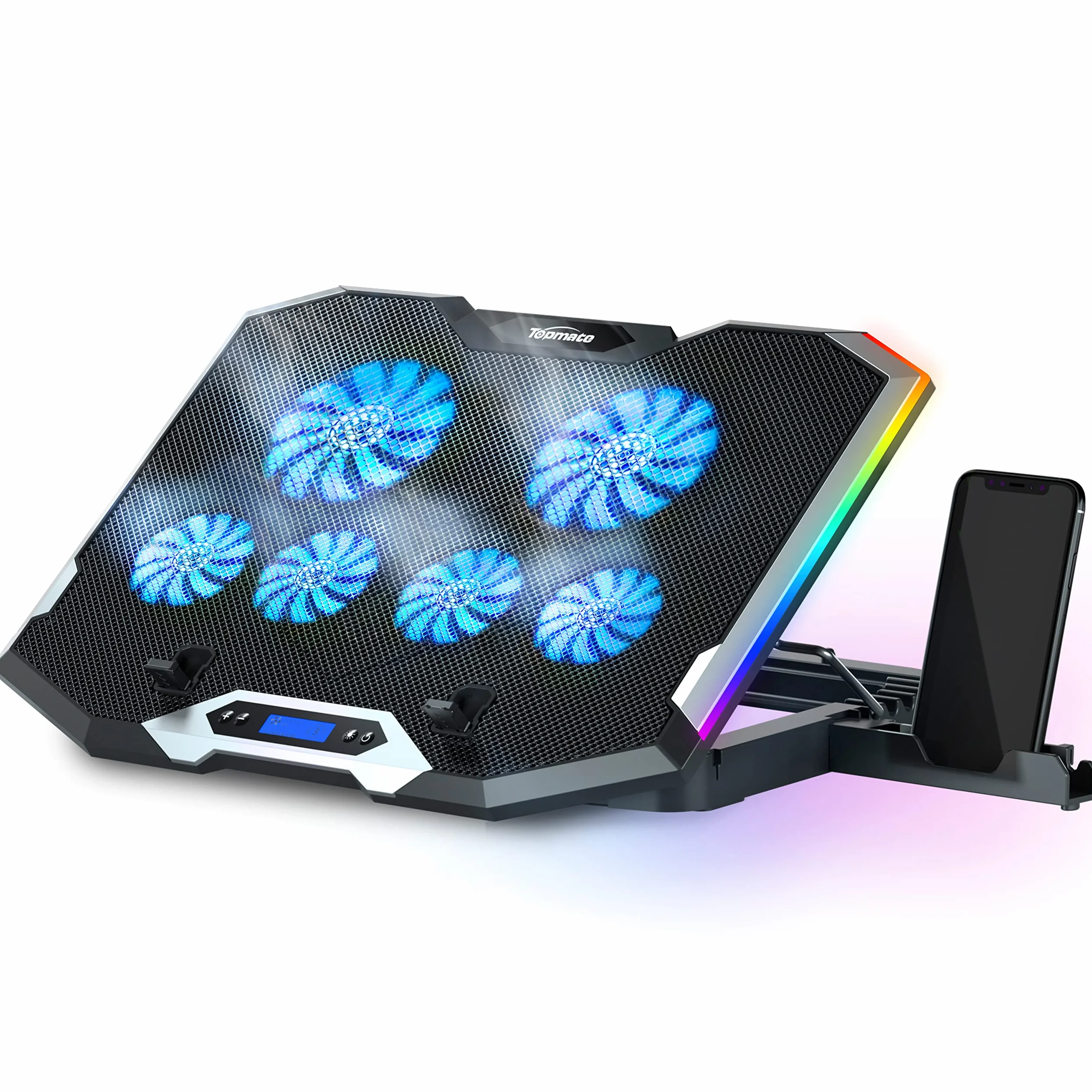TopMate C11 - Base di raffreddamento per computer portatile RGB, supporto regolabile in altezza con 6 ventole silenziose e supporto per telefono, tappetino refrigerante per computer portatile da 15,6