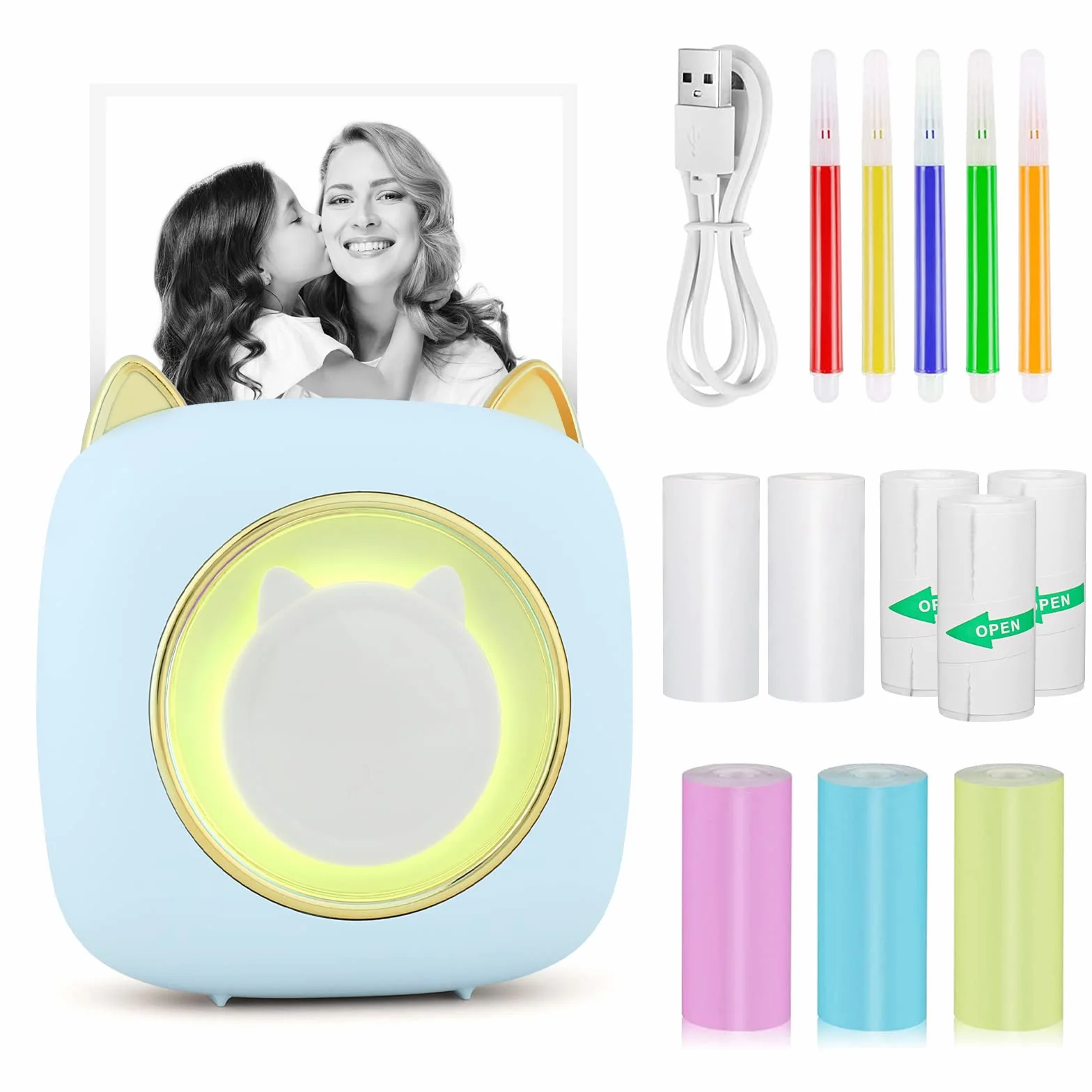 GuKKK Mini Stampante Fotografica, Mini Stampante Termica con LED colorati, Stampante Fotografica Istantanea Portatile, Mini Stampante Termica Bluetooth Ricarica USB, per Note, Diario, Elenco
