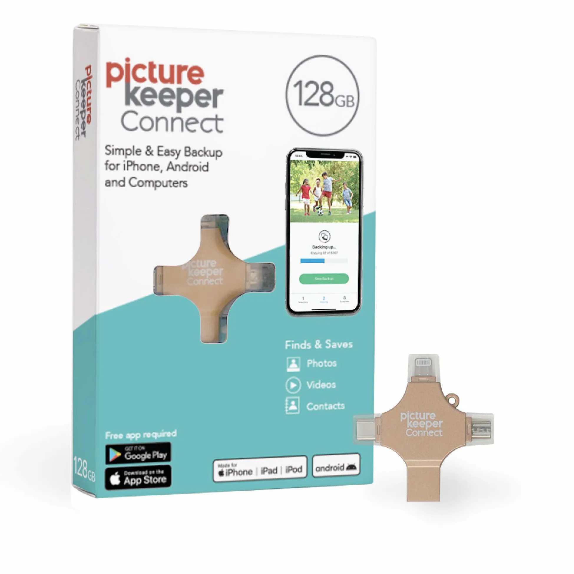 Picture Keeper Connect per iPhone, Android, USB-C, PC e Mac - Chiavetta USB da 128 GB di backup per foto, video, contatti, unità flash di backup di memoria, unità flash drive, chiavetta di