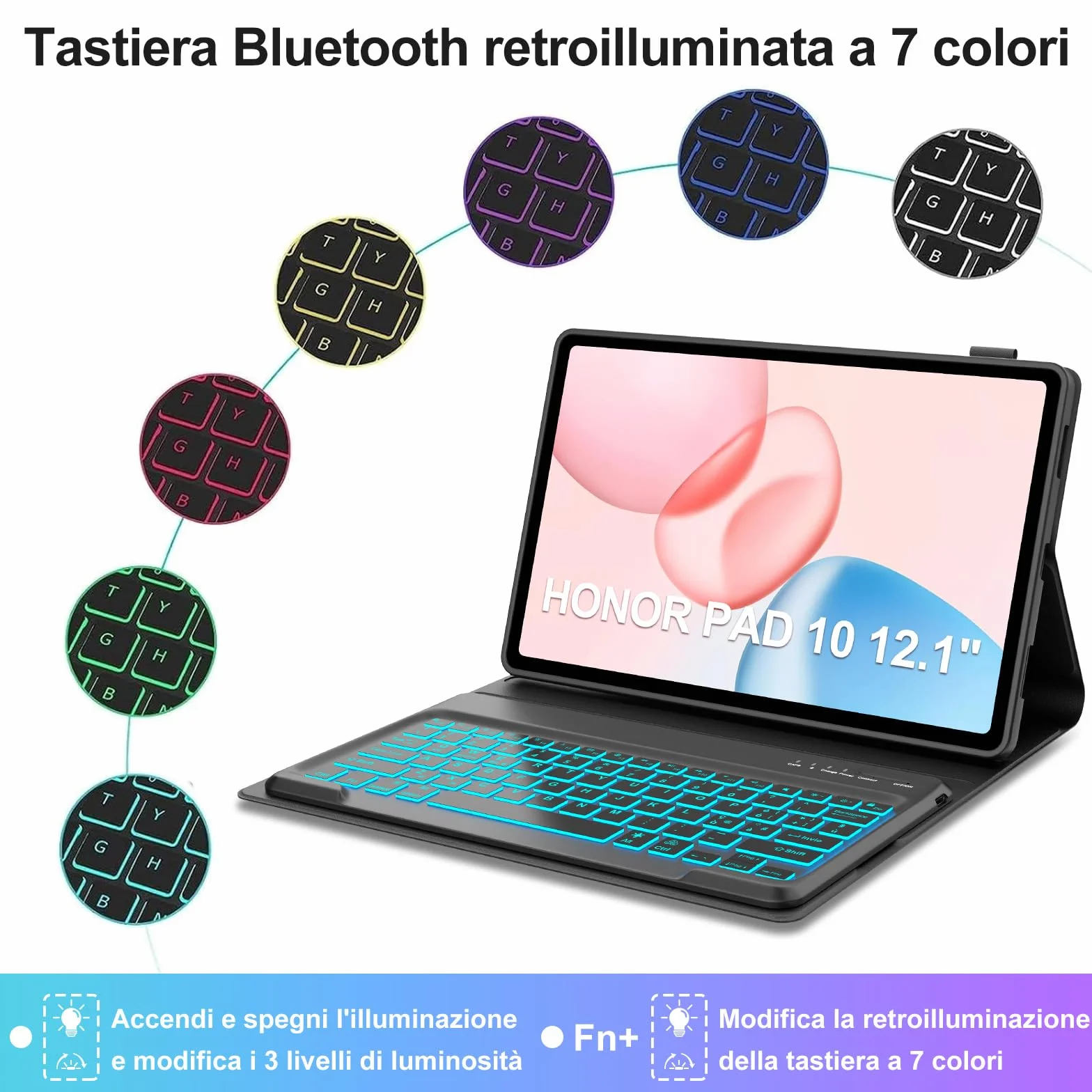 IVEOPPE Tastiera per HONOR Pad 10 12.1 Pollici 2025, Cover con Tastiera Rimovibile, Keyboard Italiano QWERTY 7 Colori Illuminato, Custodia con Portapenna, Nero