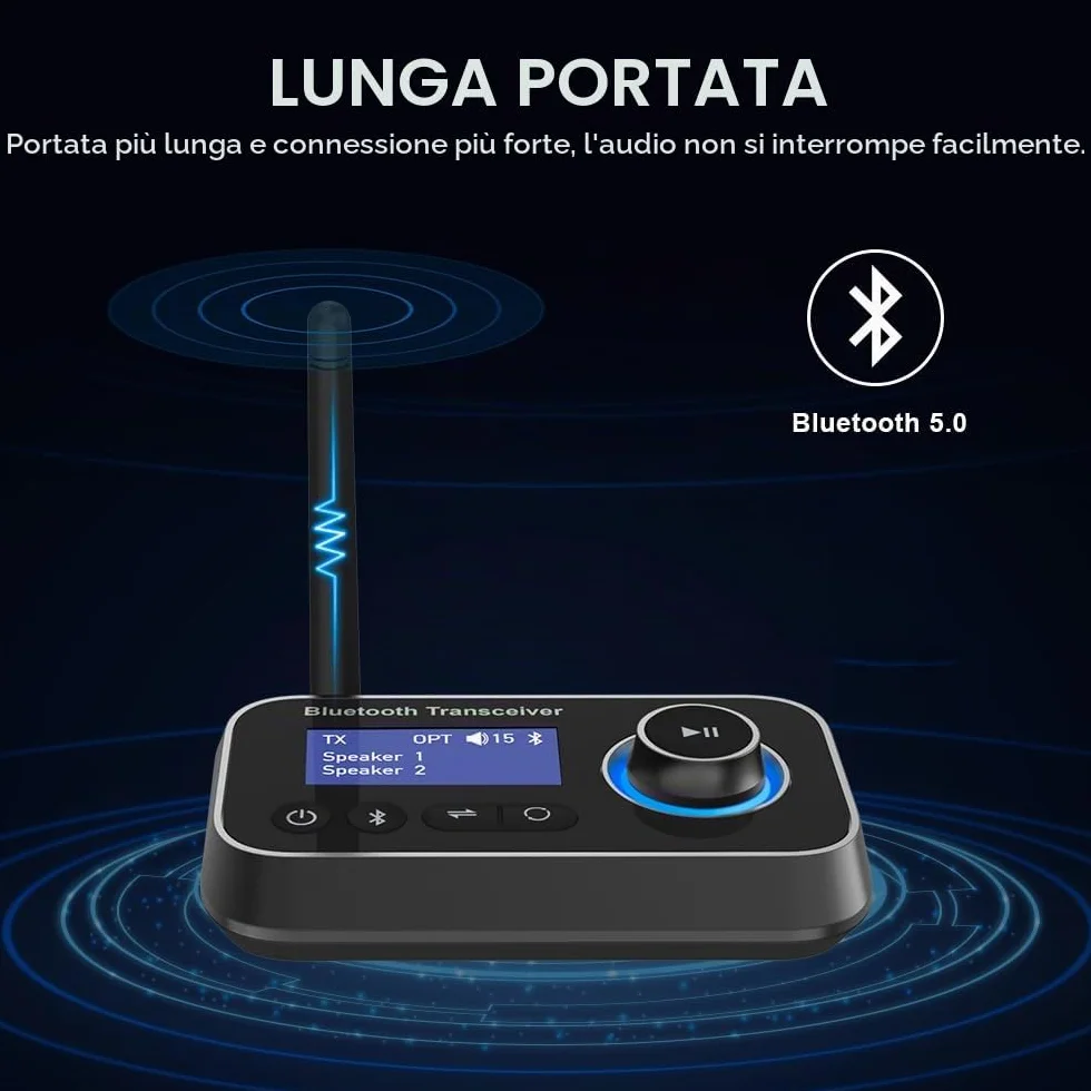 Trasmettitore Ricevitore Bluetooth 3-in-1 Adattatore Audio Bluetooth 5.3 per 2 Cuffie con Cavi Bypass Aux/Ottico/RCA ON/off Automatico LCD Display Controllo Volume per TV Stereo Casa PC