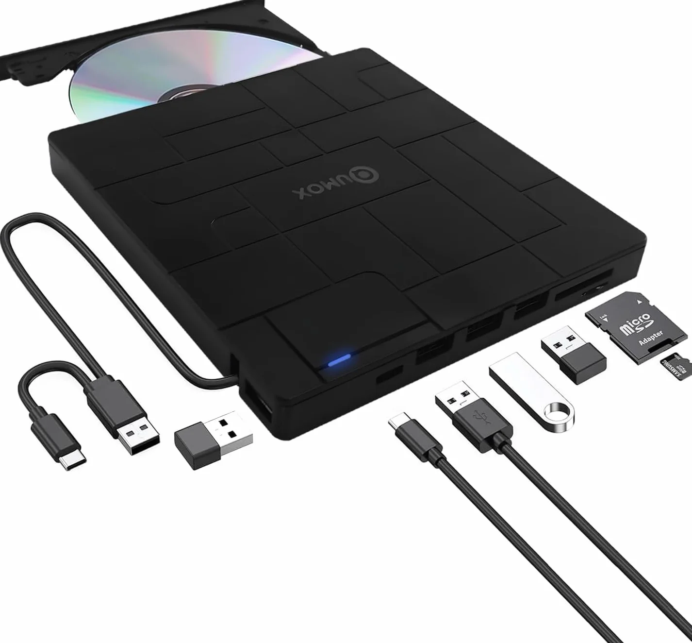 QUMOX Masterizzatore Esterno DVD/CD 8-in-1 USB 3.0 con USB-C, 3 Porte USB, Lettori Schede SD/TF, Masterizzatore Slim per Laptop, Windows 11/10/8/7, Linux, Mac OS