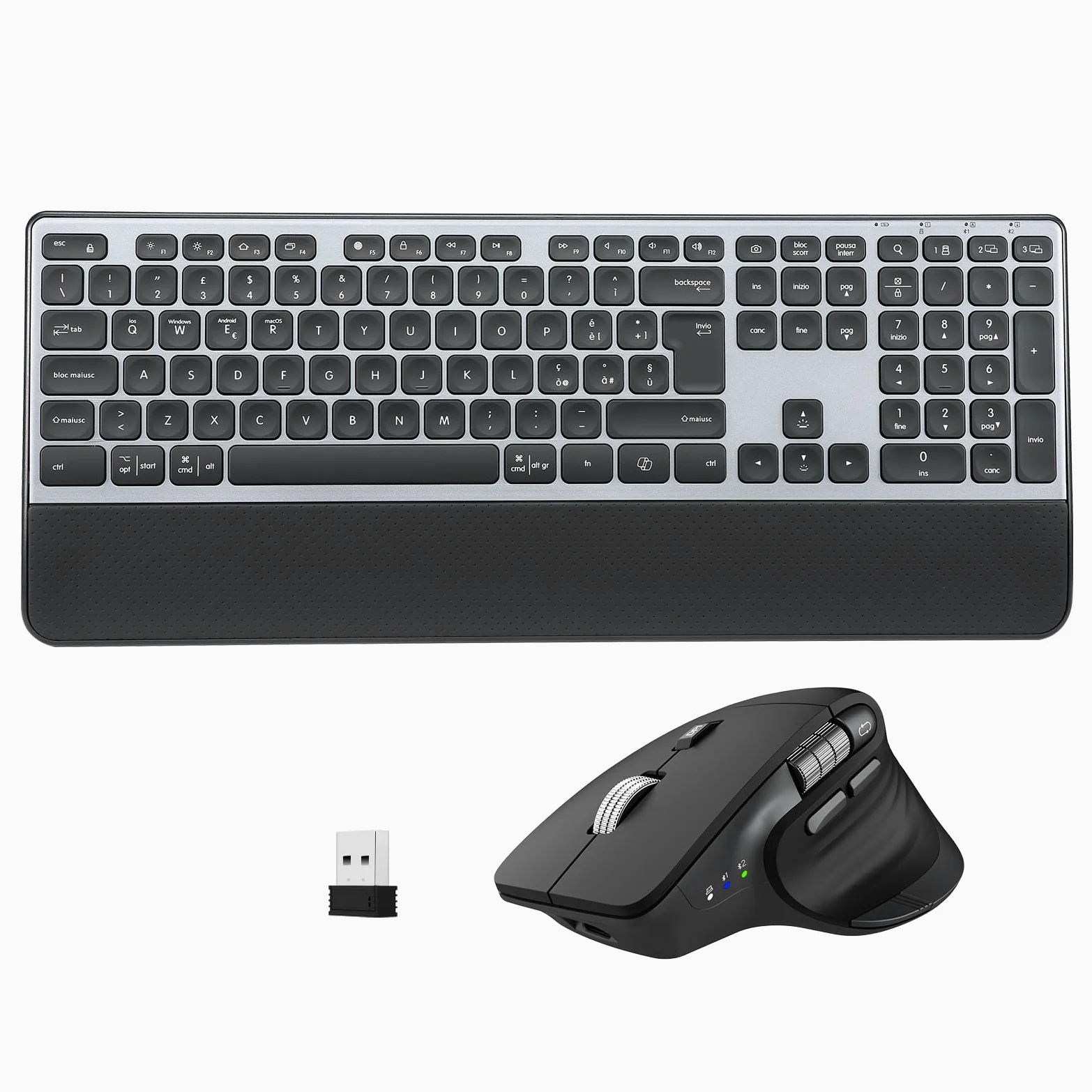 CITLLA Tastiera e Mouse Wireless Combo Tastiera Bluetooth Multidispositivo con Poggiapolsi, Tastiera Ricaricabile Retroilluminata, Mouse Silenzioso Ergonomico per Computer Desktop PC Portatile