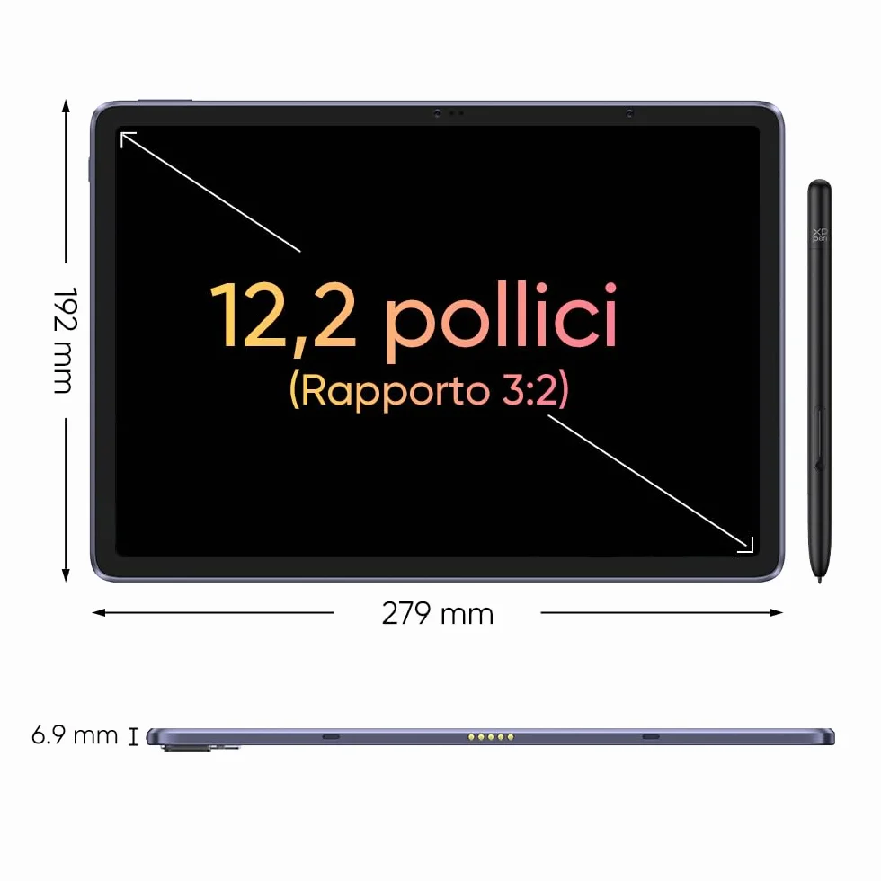 XPPen Tavoletta grafica con schermo autonoma da 12 pollici, Magic Drawing Pad, risoluzione 2K, 16384 livelli di pressione, gamma di colori 77% NTSC, 109% sRGB, 256GB ROM, Fotocamera, Display Doppio