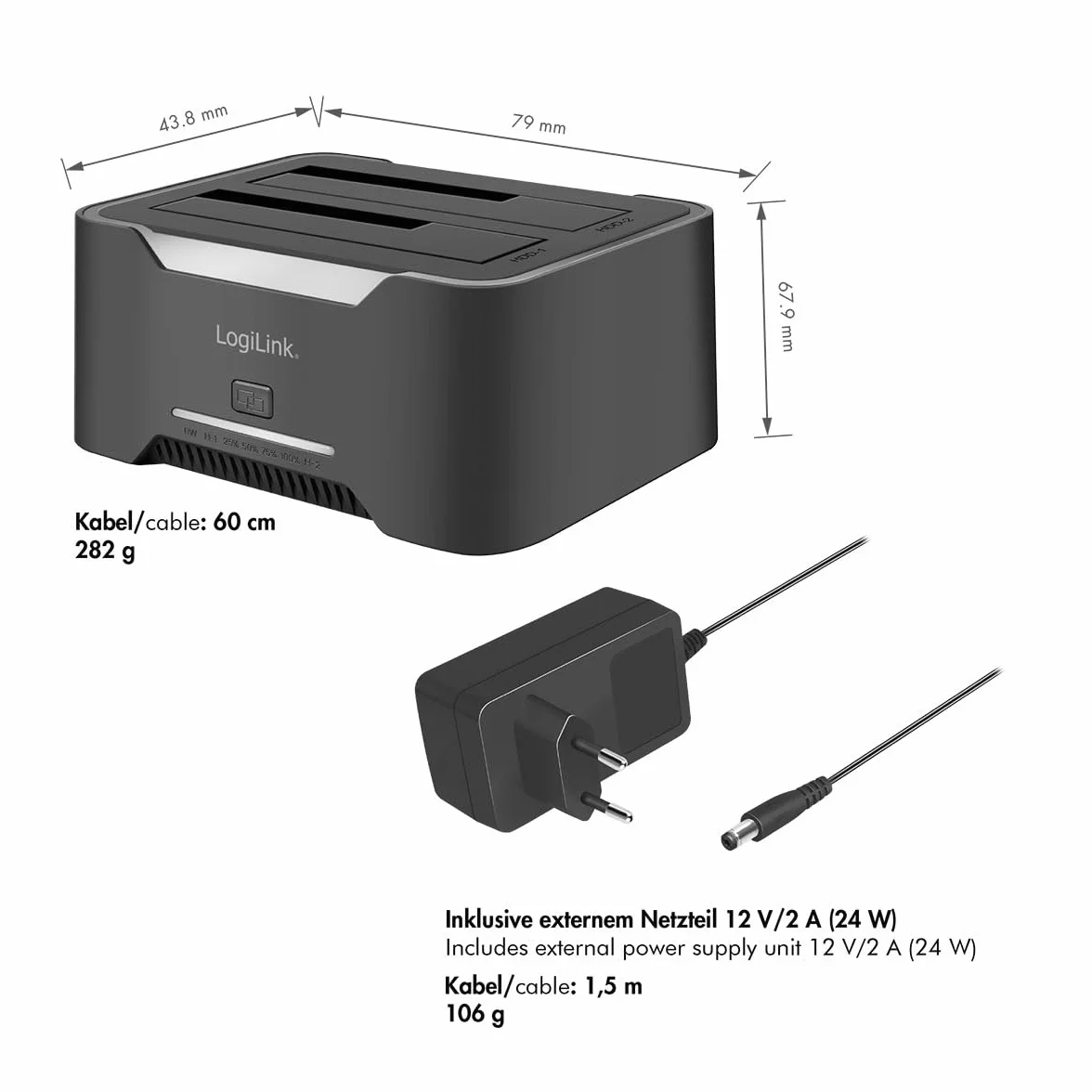 LogiLink Doppia docking station USB-C 3.2 Gen1 a 2 porte, per dischi rigidi da 2,5" e 3,5", SSD/HDD, con clone offline (senza clonare i dischi rigidi PC), 5 Gbps di trasferimento dati