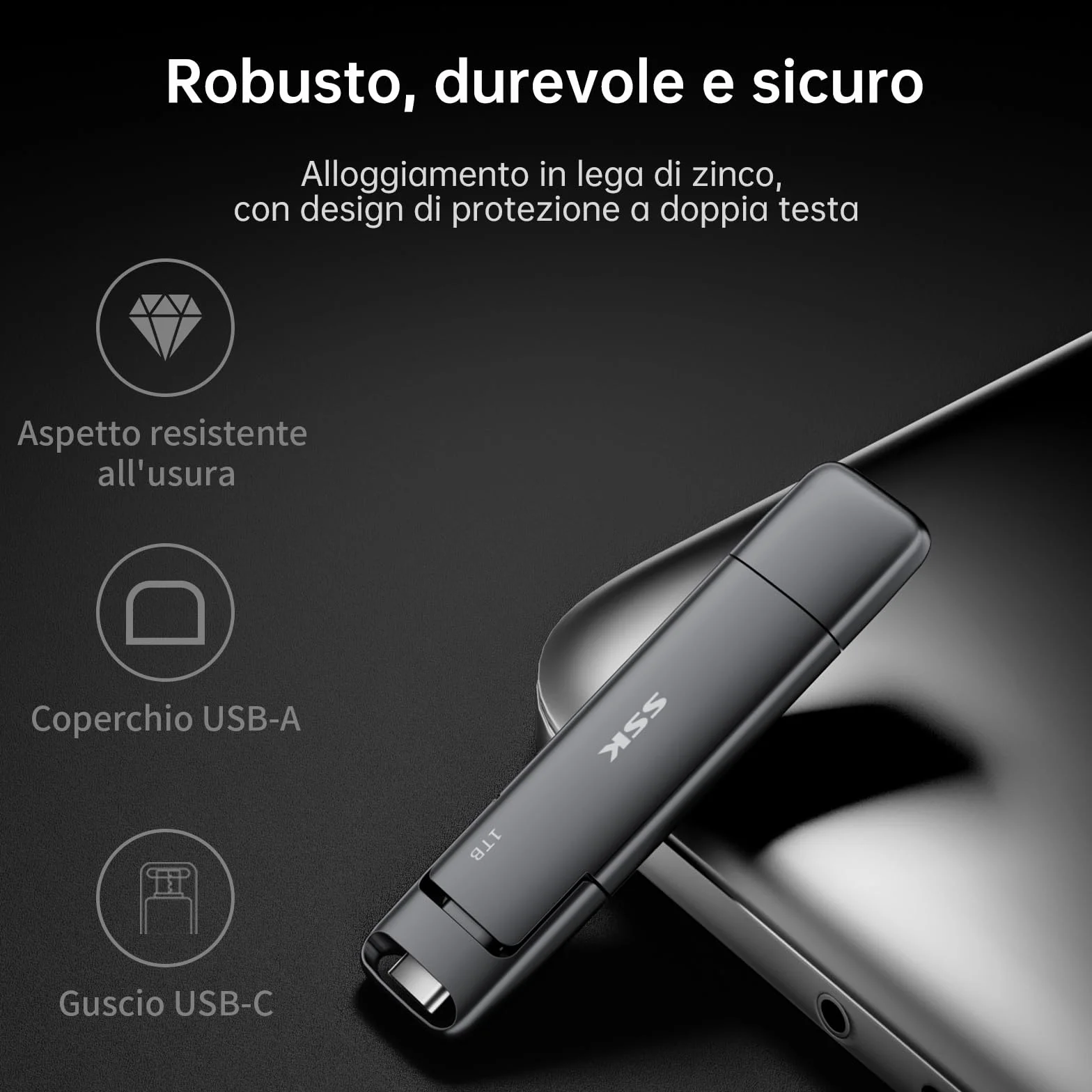 SSK SSD esterno portatile da 128GB Dual USB 3.2 Gen 2 Unità a stato solido fino a 550MB/s in lettura, adattatore USB A + tipo C 2 in 1 Disco rigido SSD da 128GB per laptop, tablet e altro