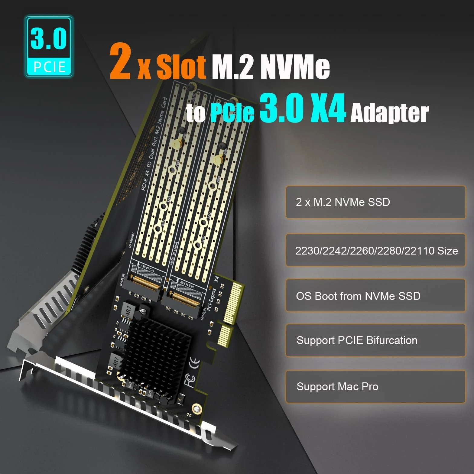 GLOTRENDS PA20 Dual Adattatore M.2 NVMe a PCIe 3.0 X4 con biforcazione PCIe, configurazione RAID M.2 NVMe tramite OS Tool (supporta dimensioni 22110/2280)
