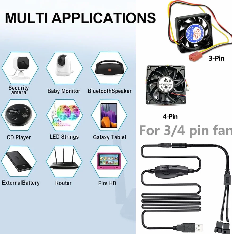 RUNCCI-YUN Regolatore della ventola USB 12V,USB DC 5V Step-Up a Regolatore di velocità della ventola 2 Pin 12V con 3/4 Pin Ventola Cavo Adattatore di Alimentazione per case PC(1 a 2)