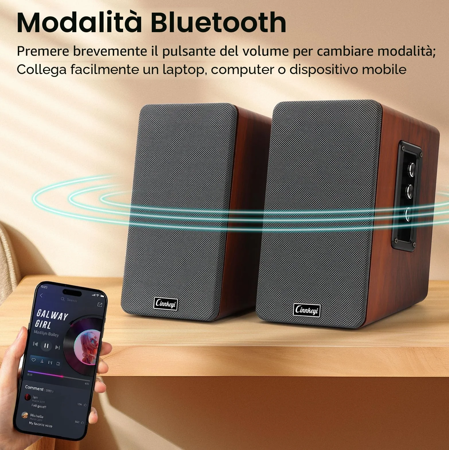 Diffusori da scaffale in legno da 50W, diffusori attivi 2.0 per computer | Ingressi: Bluetooth, RCA, AUX (3,5 mm), USB | Bassi potenti, diffusori per PC, TV, laptop, giradischi