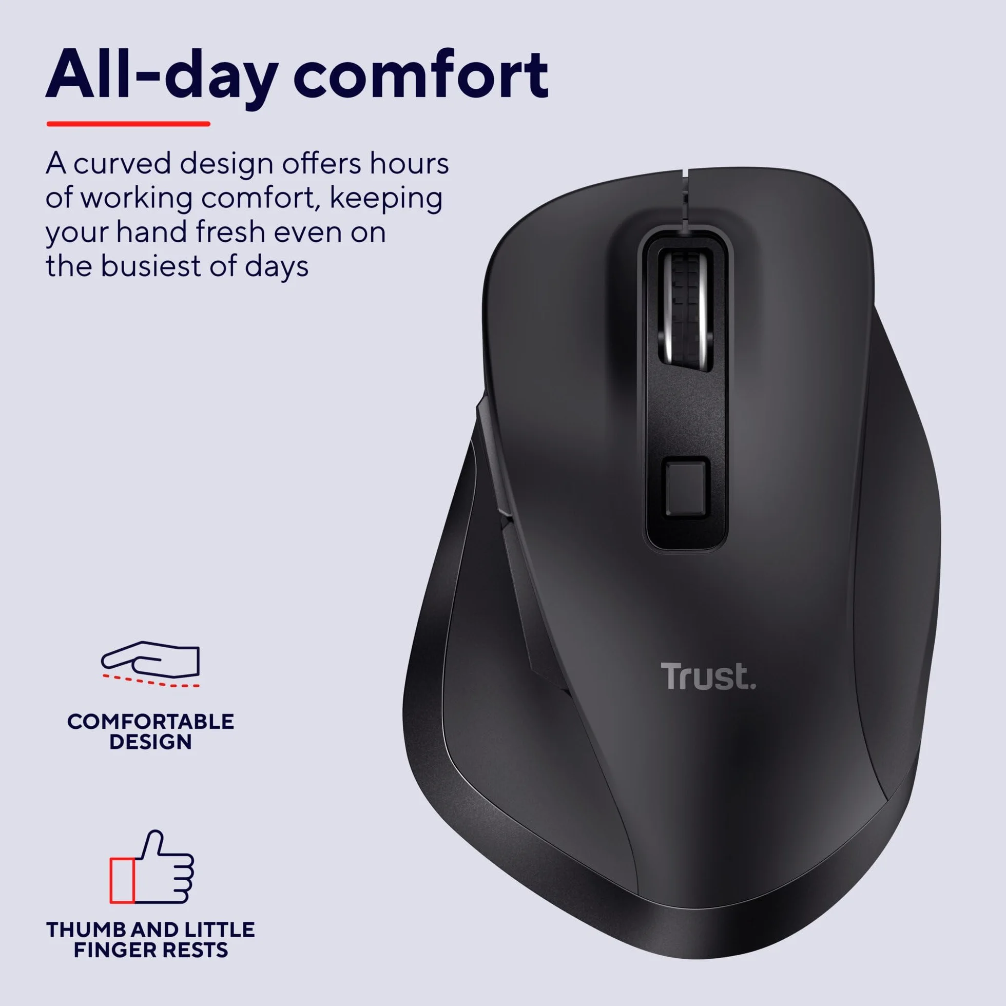 Trust Fyda Mouse Wireless Ricaricabile, Design Sostenibile, 800-2400 DPI, 6 Pulsanti, 2,4 GHz, Ricevitore USB, Mouse Ergonomico senza Filo per Laptop, PC, Computer, Macbook, Ufficio - Nero