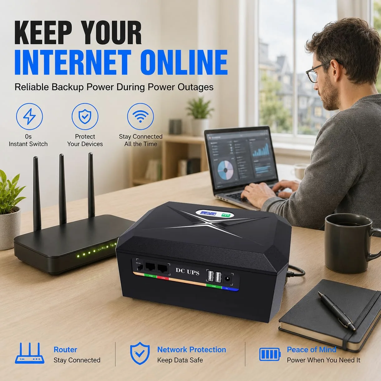 Mini UPS per Router Wifi,20800mAh Mini UPS Batteria di Backup con POE 1Gbps,4Porti DC 12V/3A, 1Port 5V/9V/12V-2A, 1Port USB 5V/2A Protezione Antisurge Ricaricabile Integrata