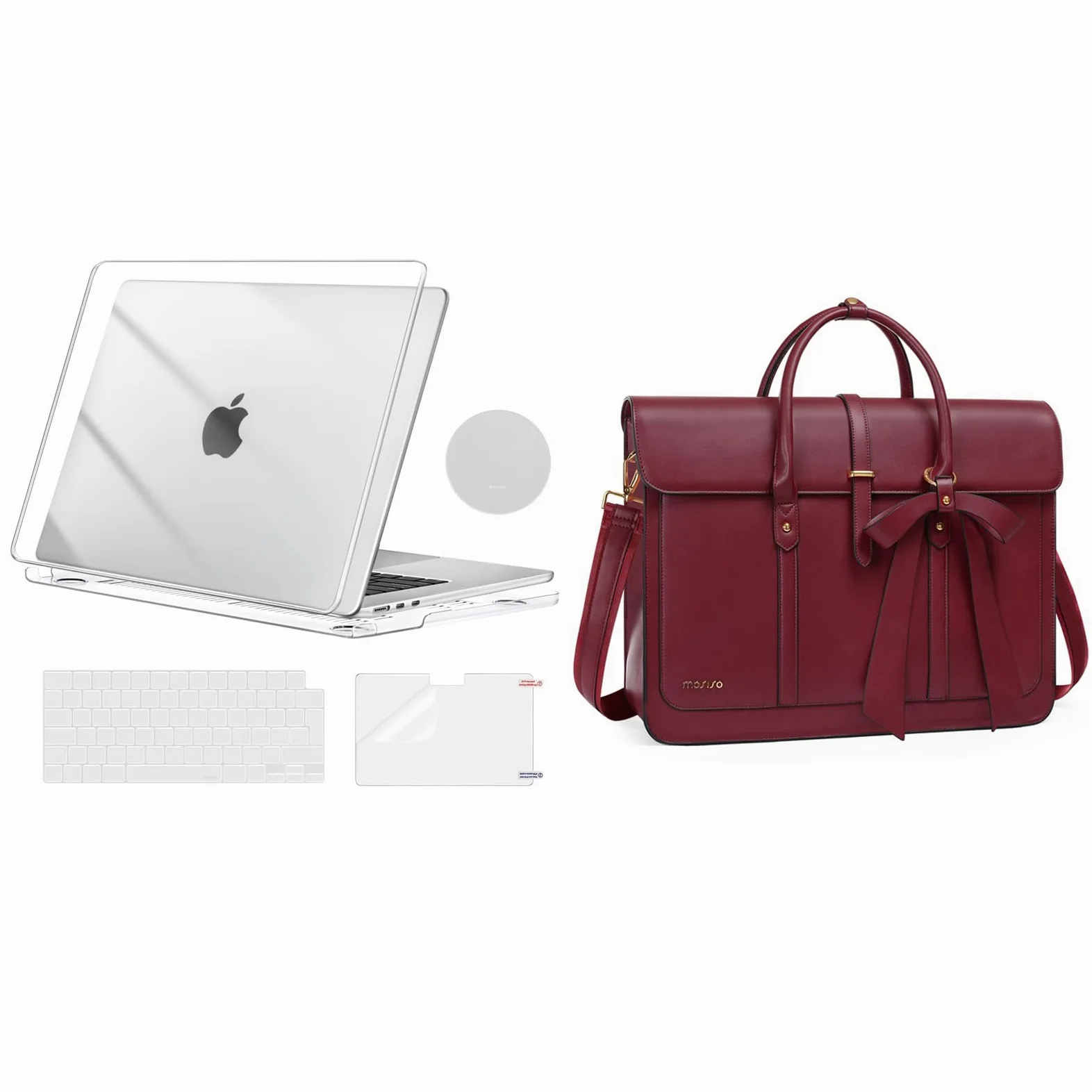 MOSISO Cover Compatibile con MacBook Air 15 Custodia M4 M3 M2 2025-2023 | A3241 A3114 A2941,Case&Lavoro Viaggio Computer Custodia Nodo Fiocco&Copritastiera&Pellicola&Coaster,Cristallino e Vino Rosso
