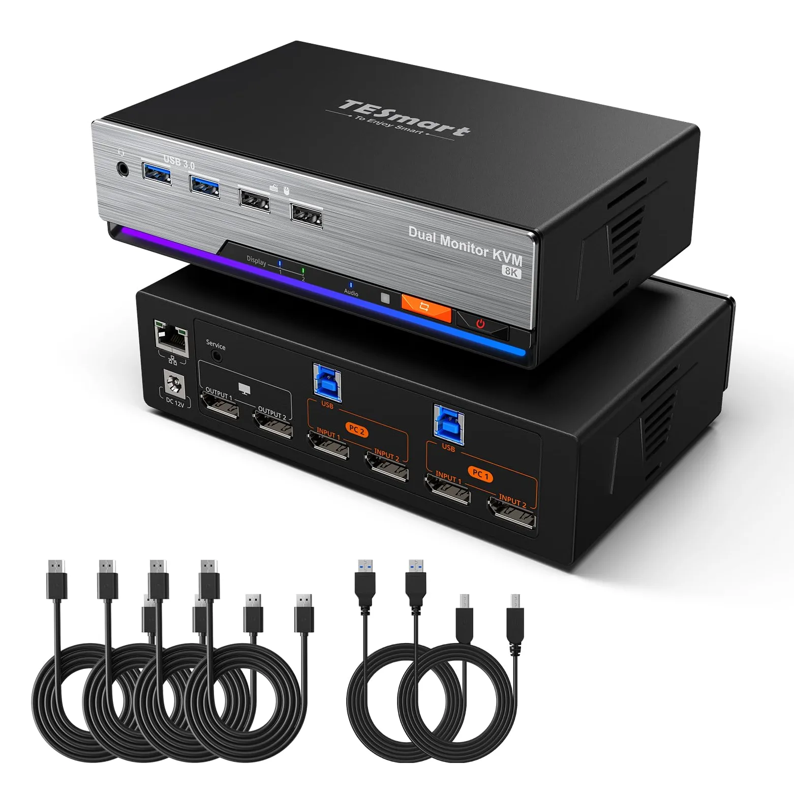 TESmart 8K@60Hz DisplayPort KVM Switch 2 PC 2 Monitor USB 3.0 DP 1.4 KVM Switch Dual Monitor 4K@144Hz per Gaming Dock, Supporta EDID, Gigabit Network, Hotkey, Audio Microfono, con Cavi PC