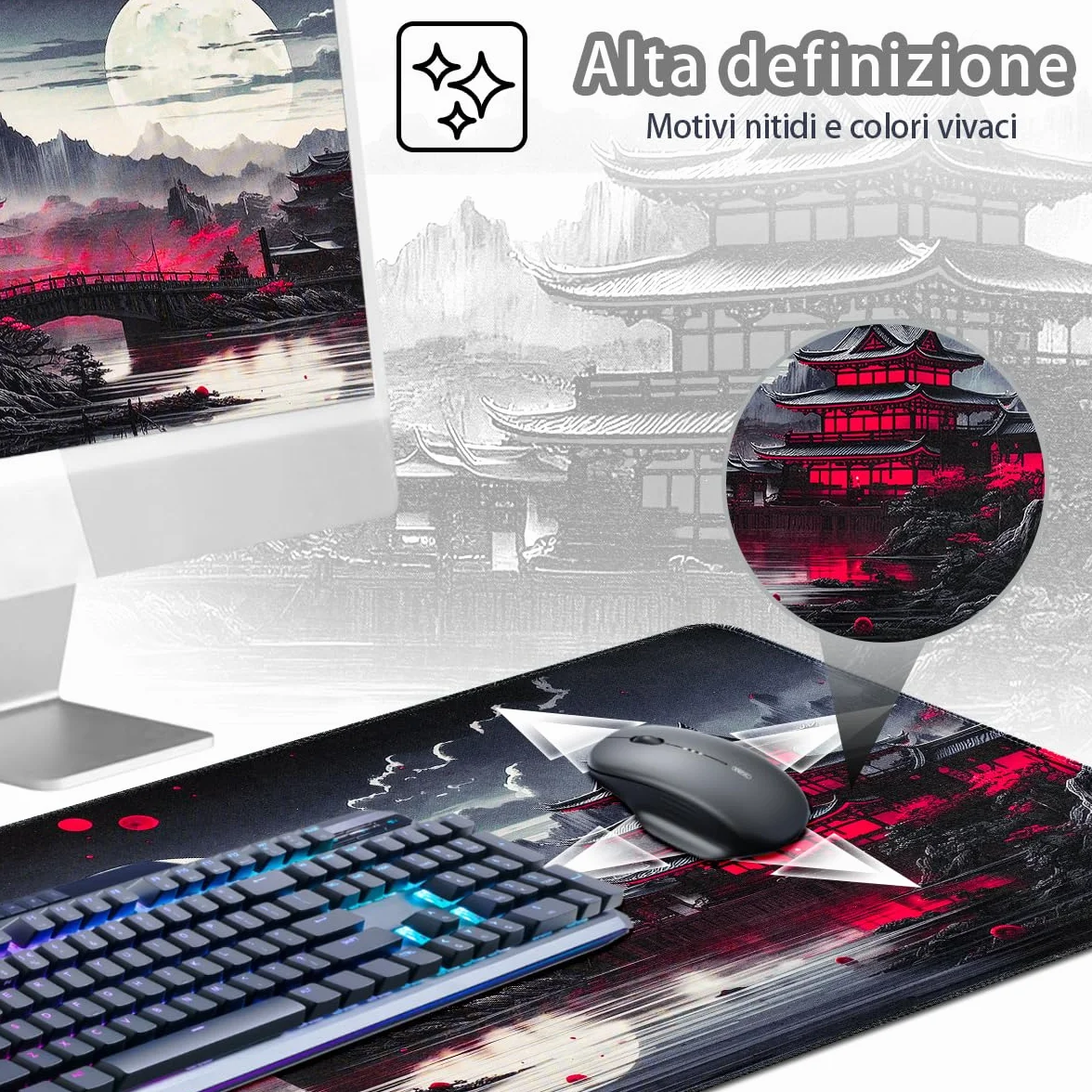 Zindoo Tappetino Mouse Gaming XXL 900x400x3mm Antiscivolo Precisione Nero Giapponese