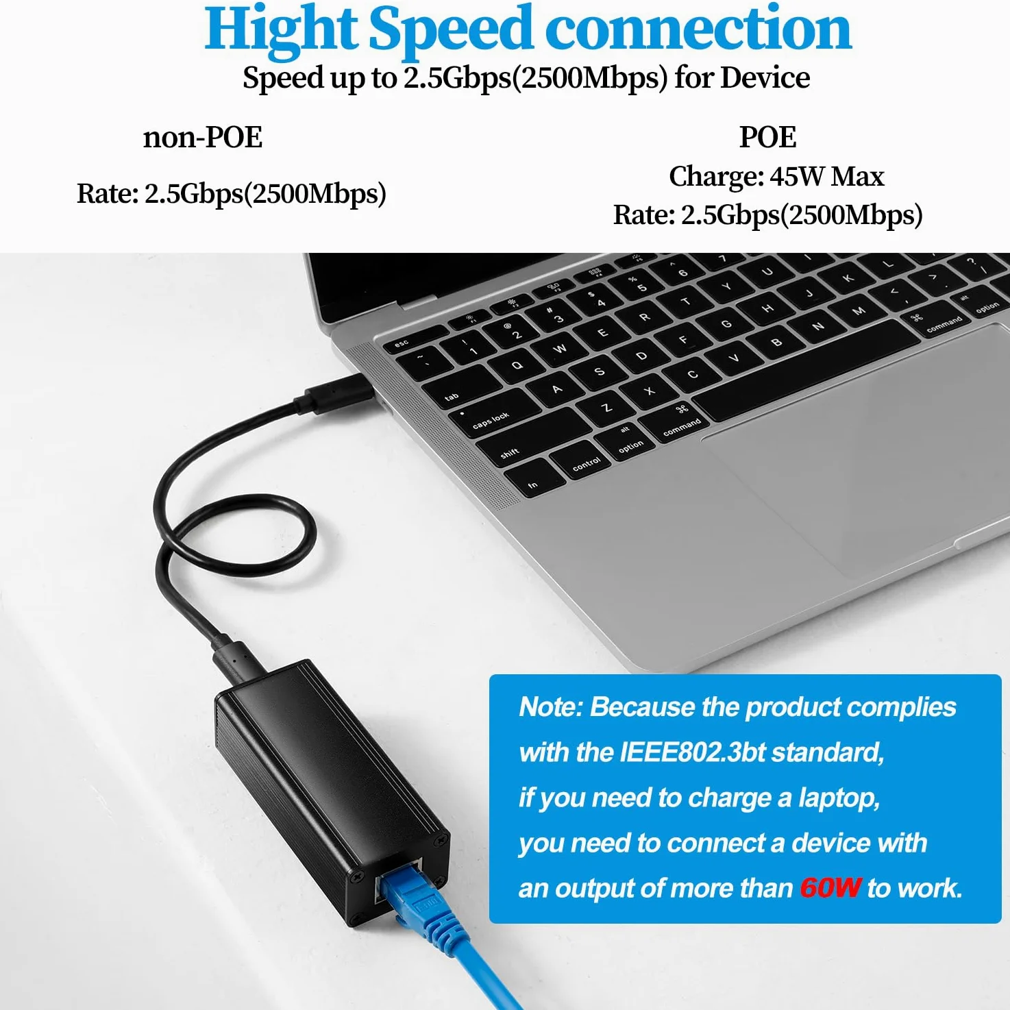 Adattatore PoE 2.5G a USB-C, Alimentazione in Uscita Type-C ed Ethernet 2 in 1, Ricarica Massima 20V 45W e Velocità 2.5Gbps per Phone/Tablet/Laptop, Conforme a IEEE802.3af/at (2.5GPD2CBT-20V)