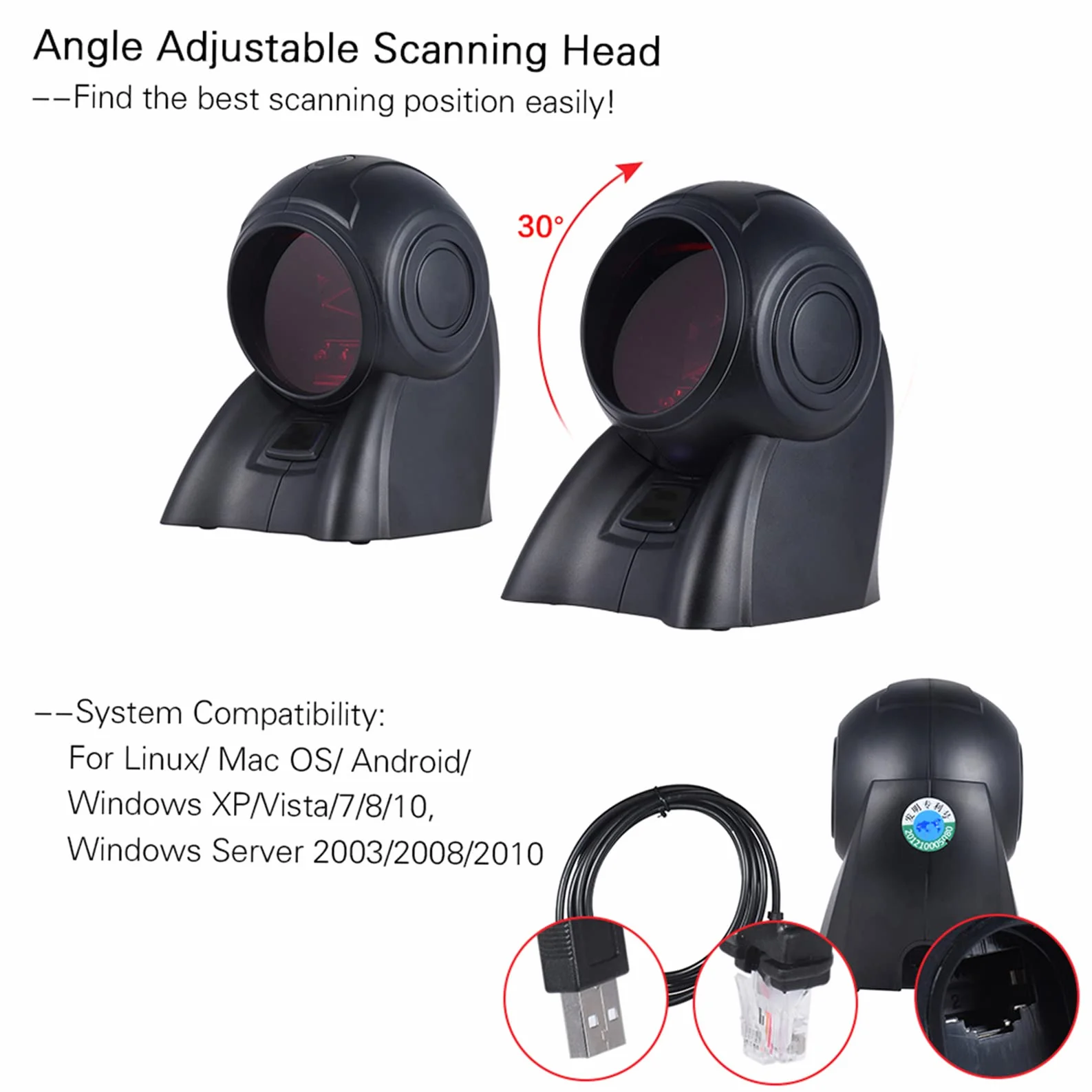 Omnidirezionale 20 linee 1D Orbit USB scanner di codici a barre Lettore di scansione automatica 1800T / s di velocità 30° testa regolabile