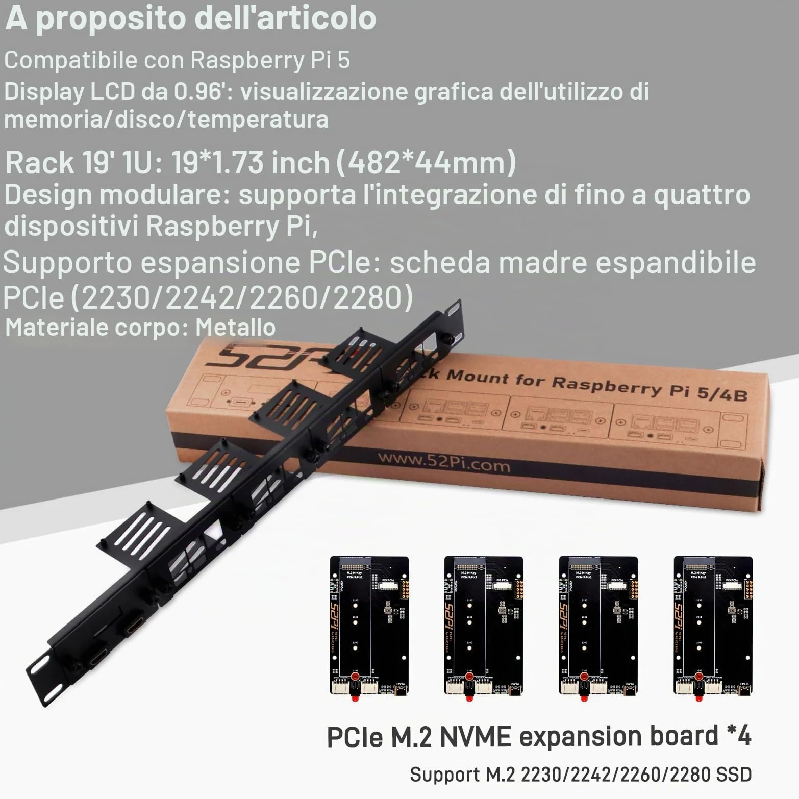 GeeekPi Supporto rack 1U da 19" per Raspberry Pi 5, con 4 adattatori SSD PCIe a M.2 NVMe, display OLED, può contenere fino a 4 schede Raspberry Pi 5, compatibile con server rack da 19"