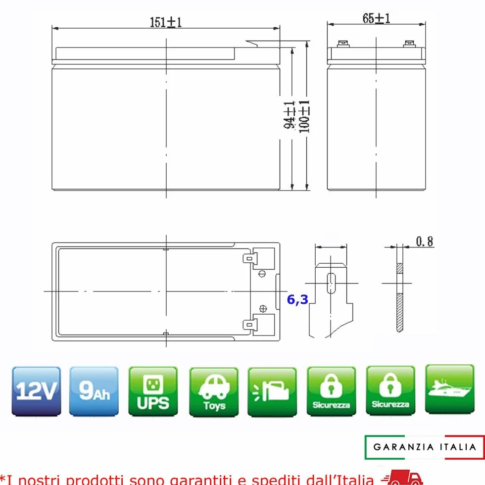 BATTERIA ERMETICA AL PIOMBO 12V 9AH RICARICABILE UPS 150x66x95
