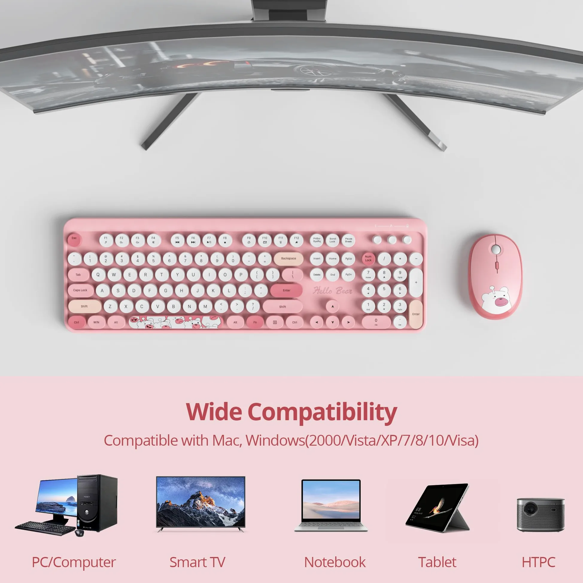 Tastiera e Mouse Senza fili, Americana QWERTY，Cute Tastiera Wireless con Tastierino Numerico, 2.4 GHz Retro Macchina Da Scrivere Full-size with Tasti Rotondi（Bear Pink）