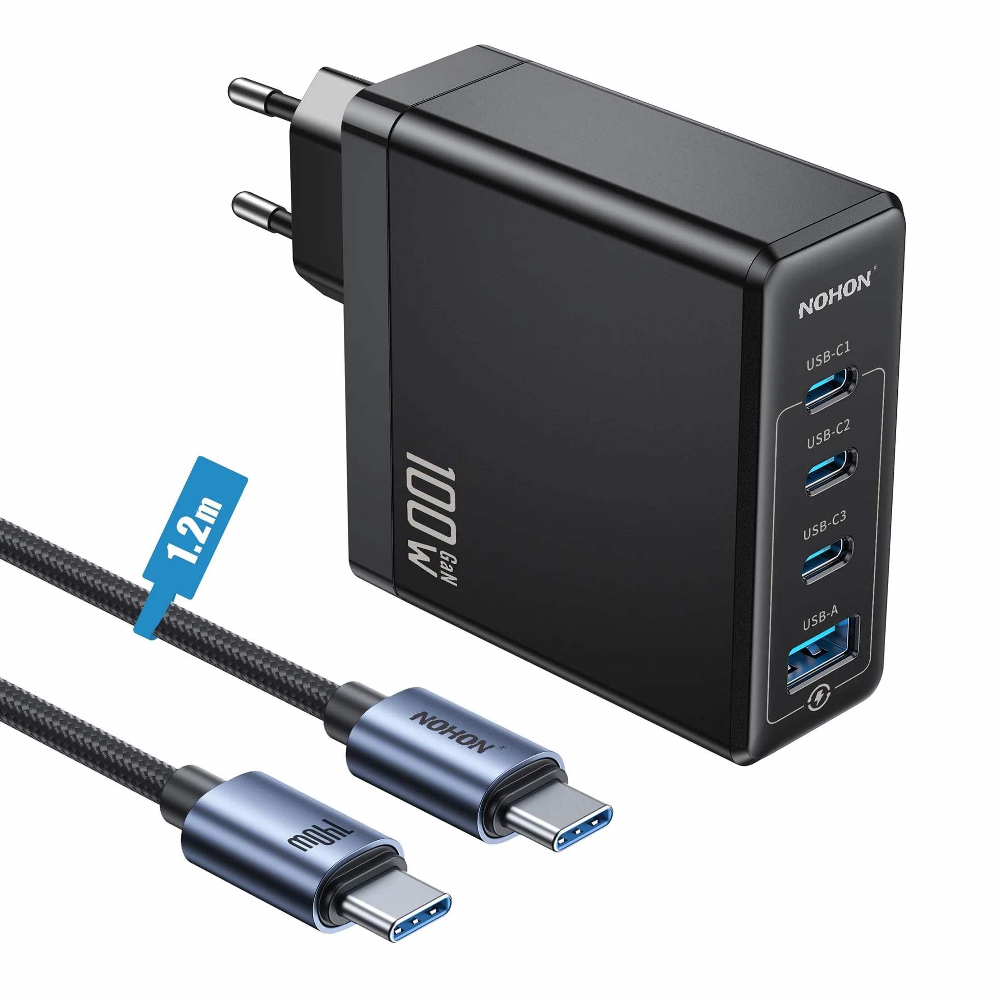 NOHON Caricatore USB C Rapido 100W PD 3.0 GaN Alimentatore con Cavo Tipo C 140W 1.2M PPS 4-Porte per iPhone 12-15 MacBook iPad Galaxy S23