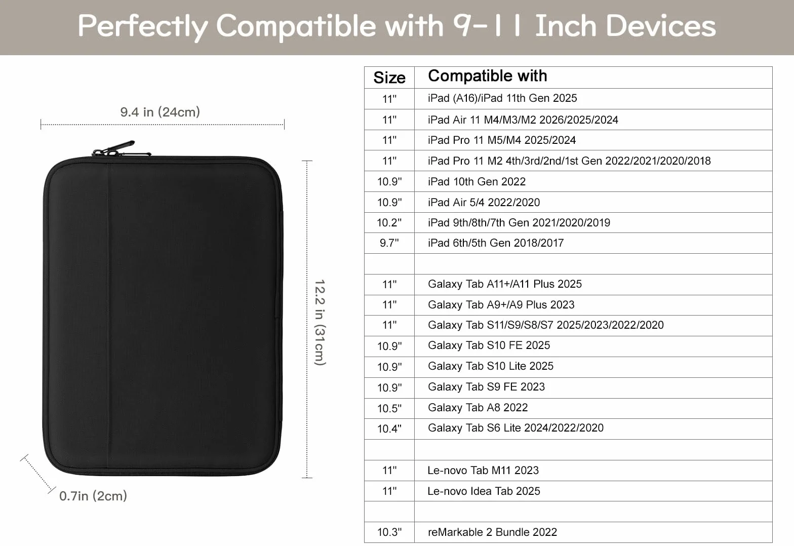 Dadanism 9-11" Custodia Borsa Protettiva per iPad (A16) 11", iPad Air 11" M4/M3, iPad Pro 11" M5/M4, iPad 10a Gen/Air 5 10,9", iPad 9/8/7a Gen 10,2", Galaxy Tab A11+ 11", Tab M11 11", Nero
