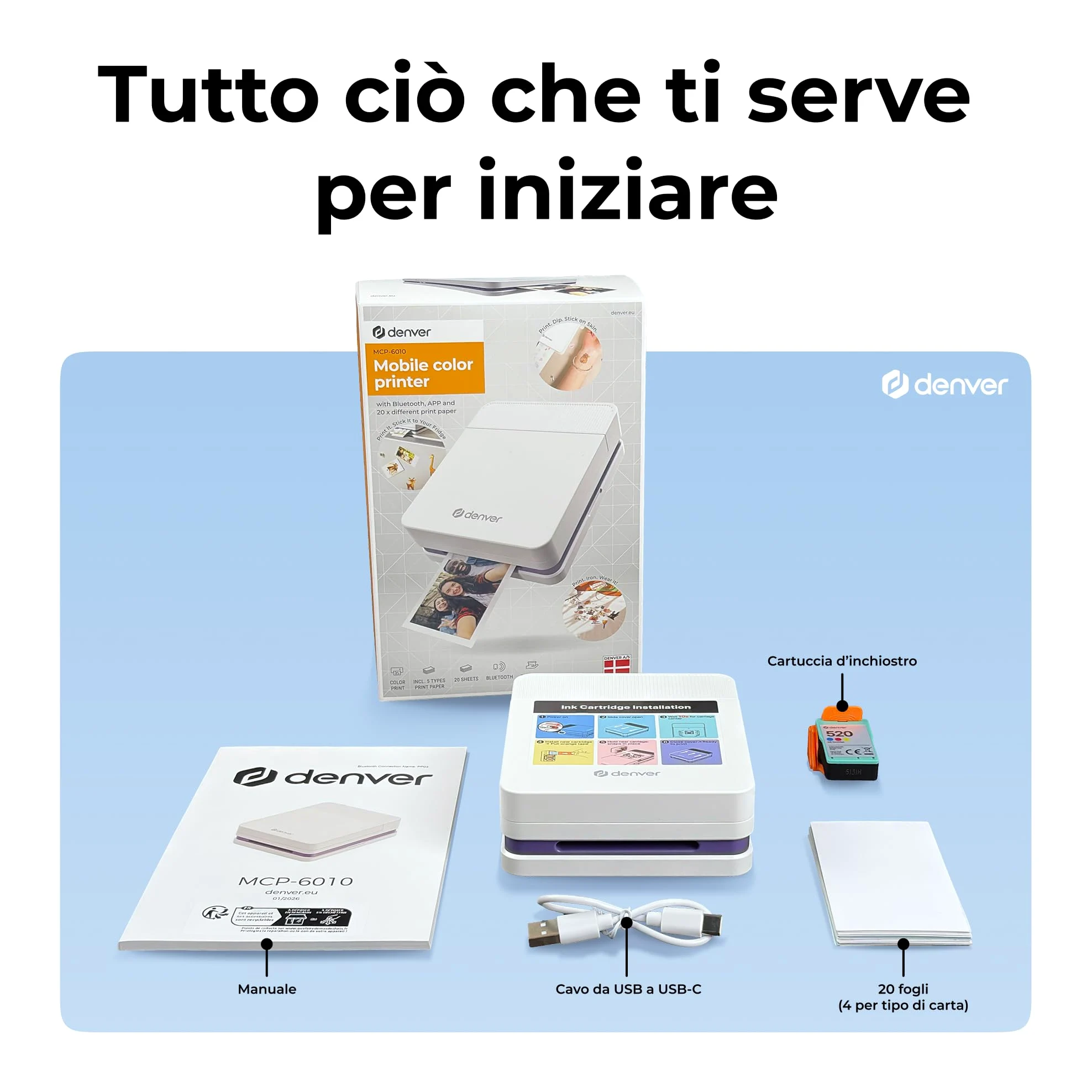 Denver MCP-6010 Mini stampante fotografica per smartphone, stampante portatile a colori con Bluetooth 5.2, 600 DPI, iOS e Android, stampante fotografica portatile con batteria, cartuccia e set di 20