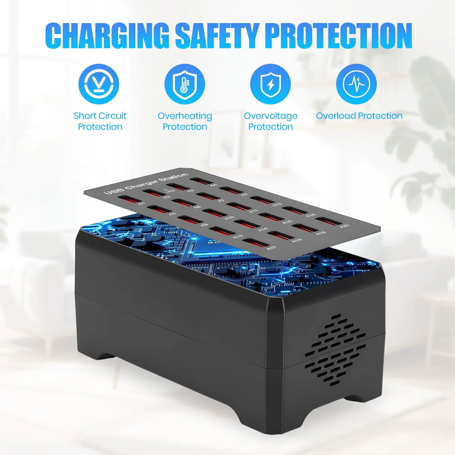 Stazione di Ricarica USB a 20 Porte, 100W Caricatore USB multiplo per Casa | Per Hotel Ufficio Viaggi Trasmissioni In Diretta, alimentatore USB da Tavolo per Telefono Tablet Cuffie Orologi